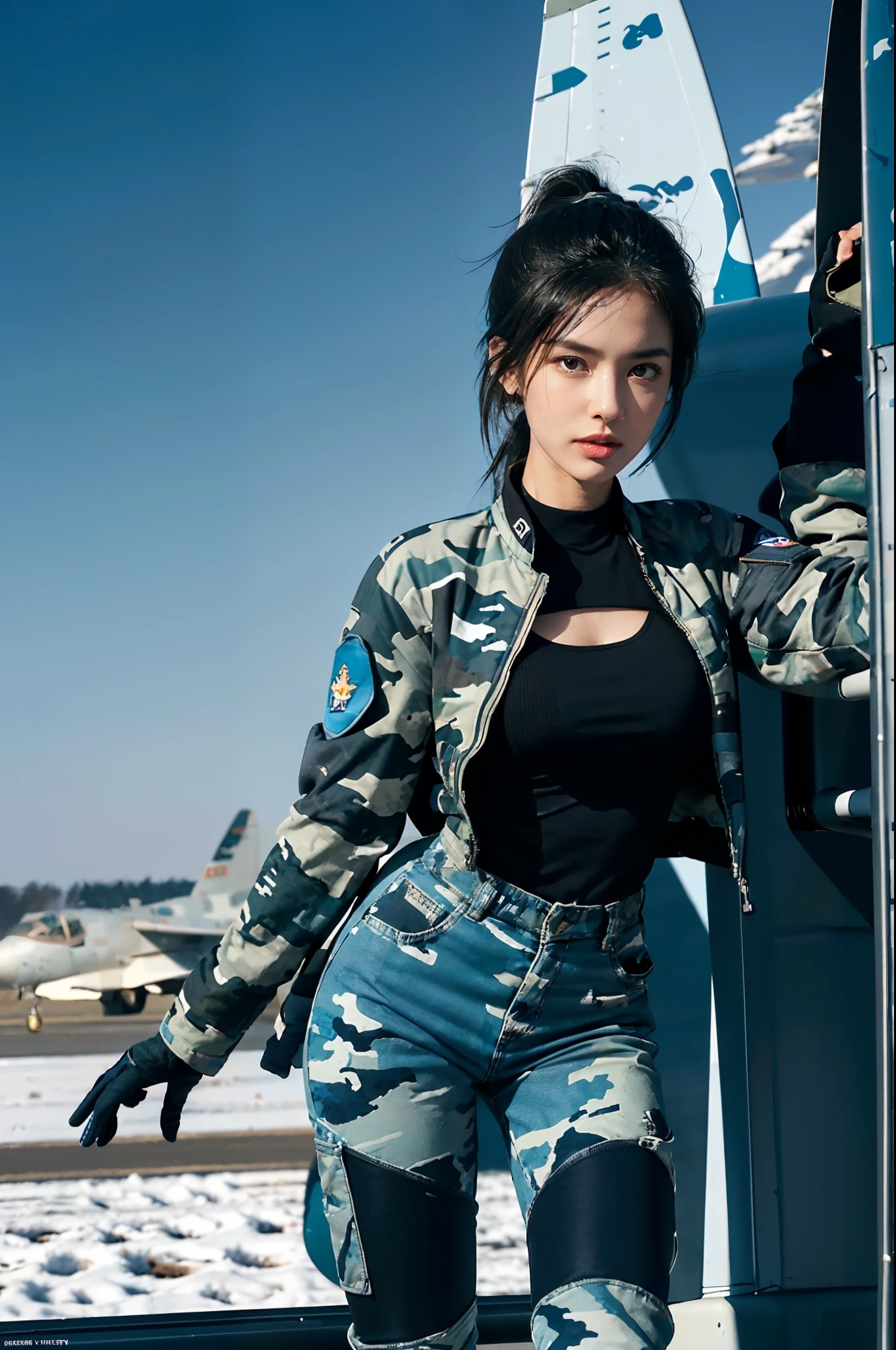 （extremely detremely detailed CG),8k,(Wallpapers），（Extremely refined and beautiful），((masterpiece))，((best qualtiy))，((超高分辨率))，beautiful light up，Perfect lightning，realistic shaded，[A high resolution],a girl,solo,(shoulder-length straight black bob hair),(short bobed ponytail),Smooth and flawless fair skin，ultra - detailed ，Elongated legs，flatchest，Slim，thin,(perfect body:1.2),female repairman，At military airfields，On the tarmac of a fighter,outdoor，winter,snowscape,in the afternoon,sunny days,Next to the huge Su-27 fighter，Under the wing of the fighter，Next to the landing gear of the fighter，Next to the tires,standing，(Wearing dirty dark blue gloves on both hands),((Blue camouflage down jacket,Blue camouflage pants)),black sneakers,((upper body)),(cowboy shot),((close shot)),