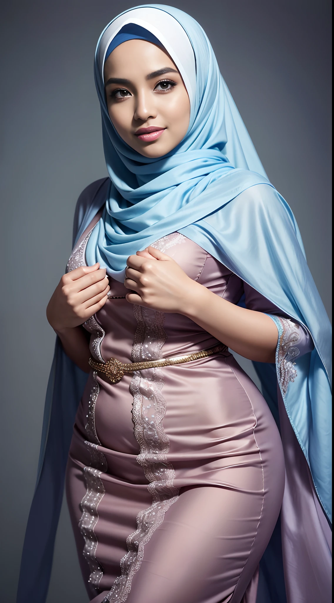 RAW, Best quality, high resolution, masterpiece: 1.3), beautiful Malay woman in hijab (iu:0.8)1beautiful  Malay woman in hijab wearing modern youth Muslim clothing,medium breasts, modest fashion, flowing shawl, portrait photography, mid shot photo, ultra detail, professional photo with professional lighting, smile, light blue studio random background, sexy seductive pose, curvy ,