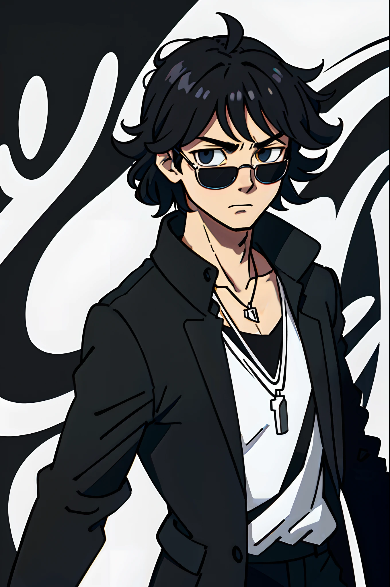 (top-quality:0.8)、(top-quality:0.8)、perfect anime illustration、Male closeup、Suspicious man、Black coat、Natural perm、greyt hair、Black sunglasses、Silver Necklace、full bodyesbian、Background white