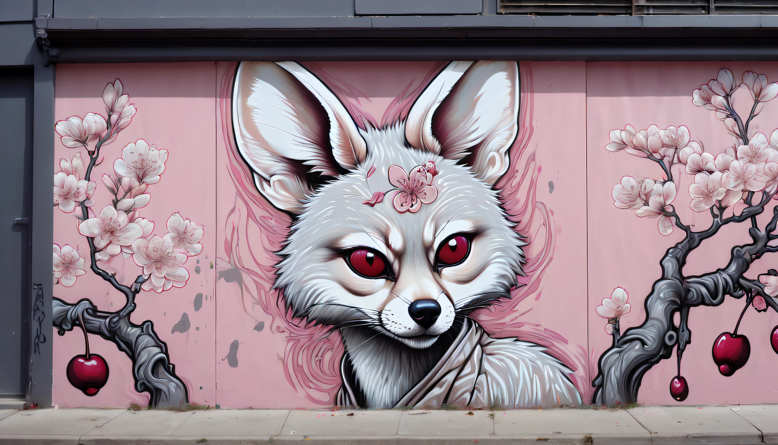 Hyperdetailed fuzzy-logic street art by (swoon : nychos: .5) entitled ("The Silver Fennec and the Cherry Blossom"), (koan), matte, organic, understated, (meditative: 1.2), (harmonic), cerebral, (interconnected), (introspective), psyche, balanced and reciprocal, recursive, super-symmetry, [labyrinth], concept