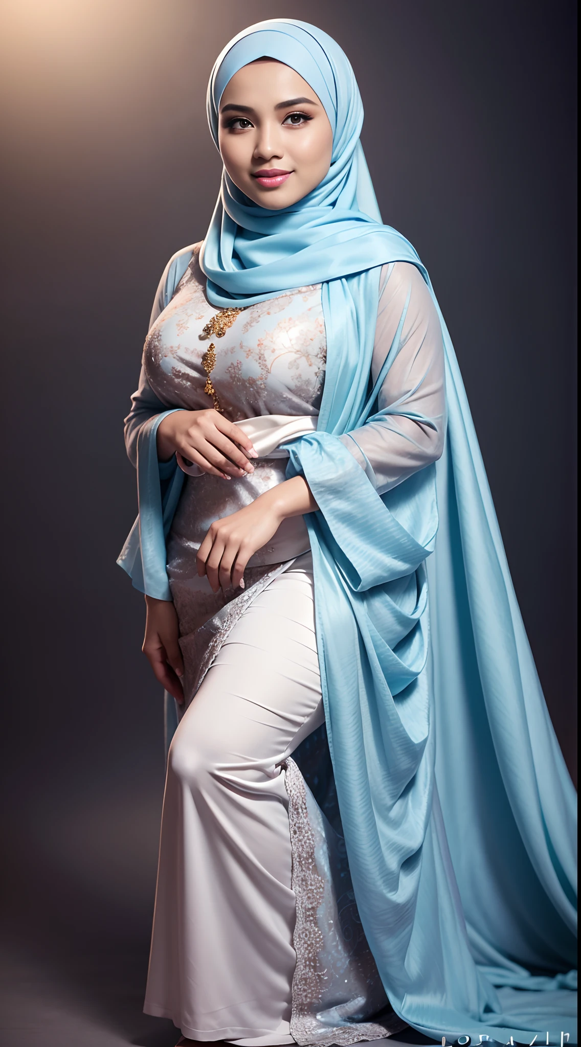 RAW, Best quality, high resolution, masterpiece: 1.3), beautiful Malay woman in hijab (iu:0.8)1beautiful Malay woman in hijab wearing modern youth Muslim clothing,big breast, modest fashion, flowing shawl, portrait photography, mid shot photo, ultra detail, professional photo with professional lighting, smile, light blue studio random background, sexy seductive pose, curvy ,