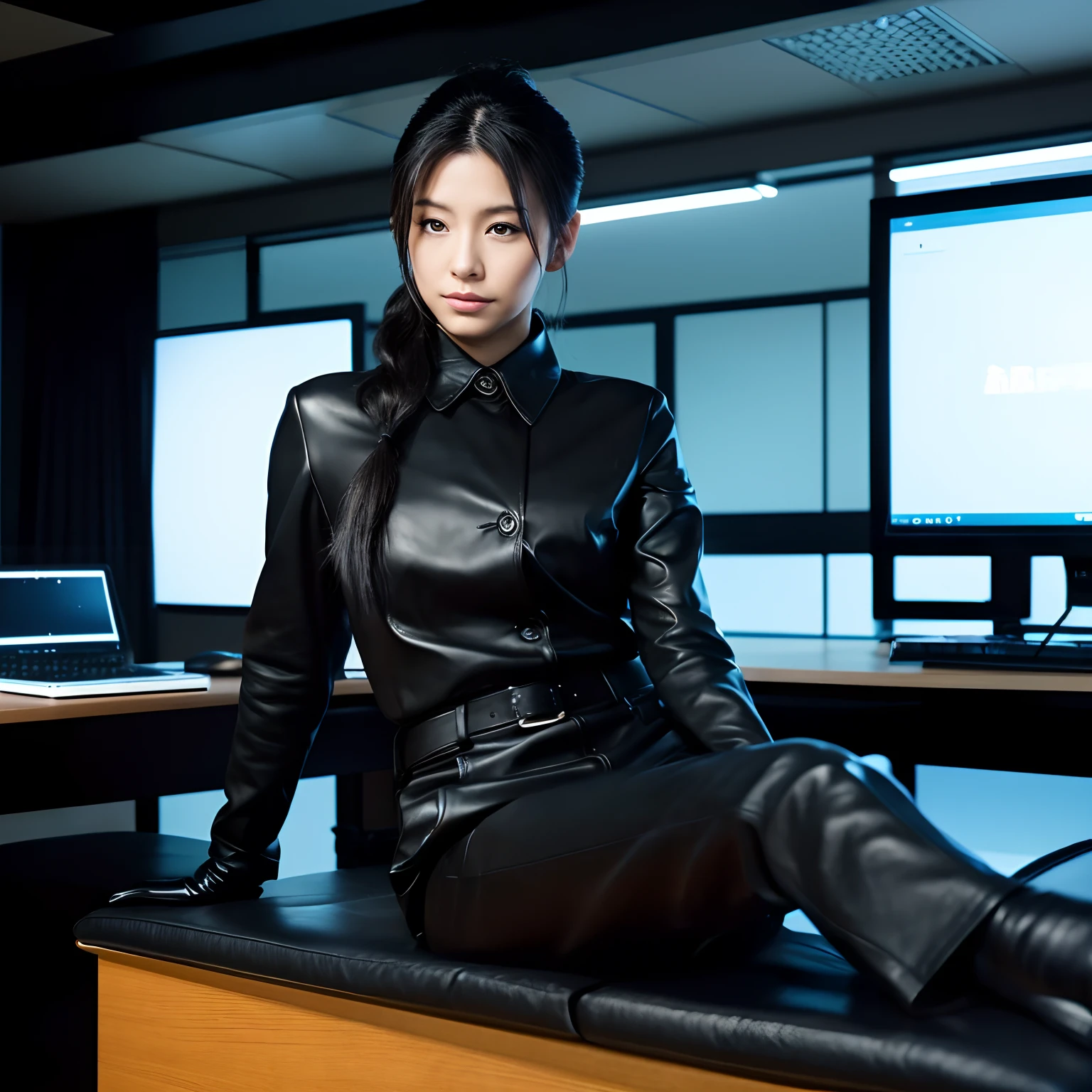 8K

Wearing black leather gloves in both hands, upper body full body, wearing a black business suit, facing the desk in my room with a computer in the dark, looking down and smiling, writing a letter using a fountain pen, black hair has been tied behind for a long time, young and very cute Japanese female new employee (black leather gloves cover both hands) Gentle smile from the camera's point of view, working with black leather gloves with both hands