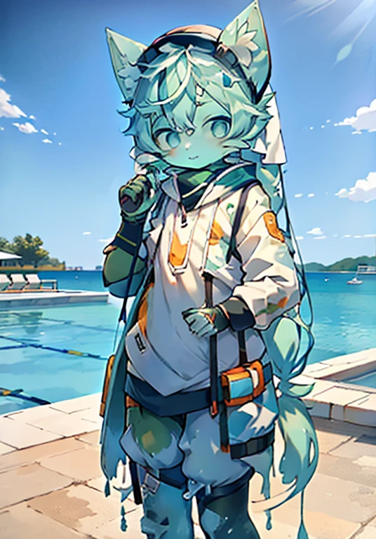 Little Shota, Beautiful day, shorter pants, Furry vest, The role of the human tiger of the white master, skyblue hair, Blue and white pupils, harbour, fishing, bucket, fishing pole, sailors, Close one eye, astonishment, Abs, Detailed face rendering, CG photorealistic effect, photography of, Background with