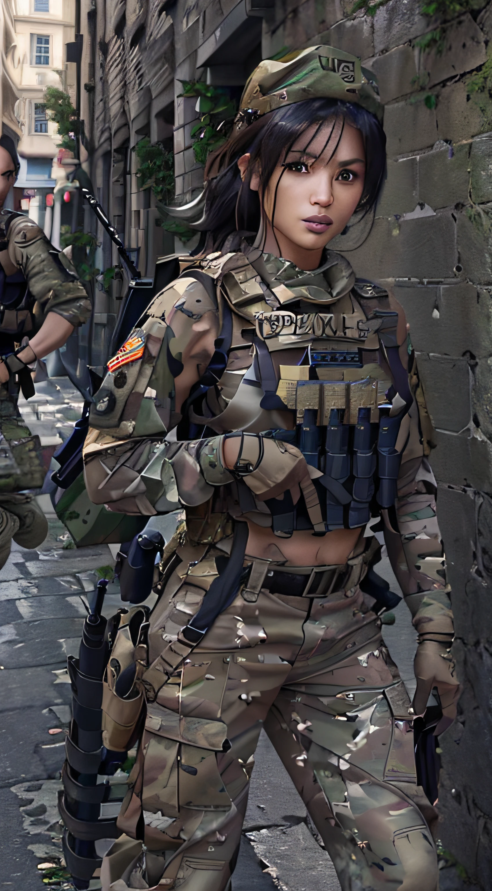 ((masterpiece、ultra fine photos、top-quality、超A high resolution、Photorealsitic、foco nítido、(bustshot、Focus from the chest up、2 Beautiful lesbian Soldiers french kissing feeling tits, Filipino lesbians, 24 years old)))、delicated face、((tanned bronze skin、hazel eyess、Black Shorthair))、Military Cap、Army camouflage uniform、Camouflage long trousers peeing in trousers、Black combat gloves、rucksack、Black Tactical Vest、Detailed face and chest depiction、Detailed hand depiction、combat pose、Dynamic action、watching at viewers, background, shop street, intricate, taken in the early 2000s, ultra hd, highly detailed, realistic, 8k resolution