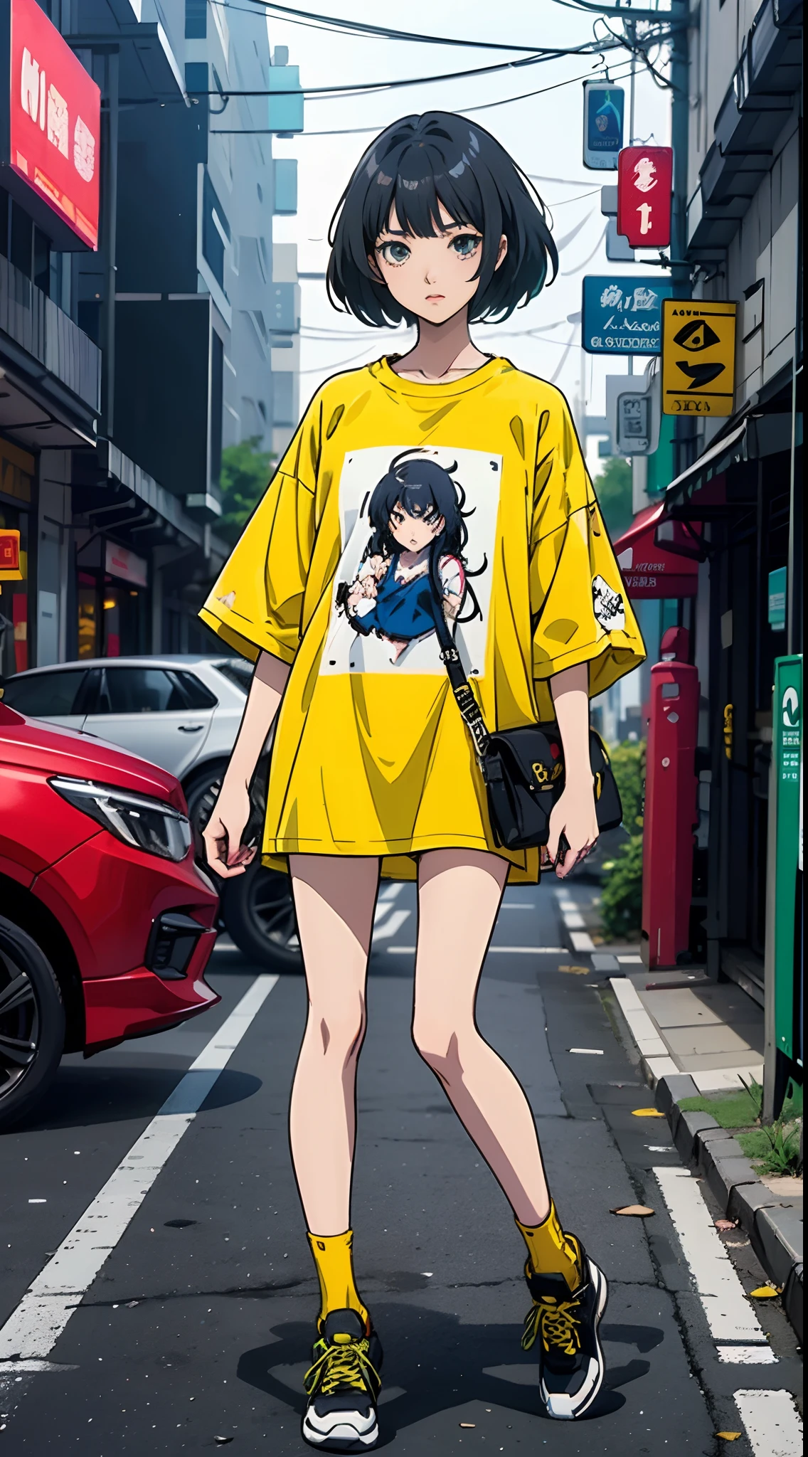 anime girl in yellow outfit standing on a city street, art inspired by Ai-Mitsu, trending on pixiv, altermodern, modern city anime, (wearing tshirt streetwear), white tshirt streetwear, digital anime!!, 8 0 s anime vibe, modern anime style, yellow clothes, 8 0 s anime style, the madness of mono-yellow,
