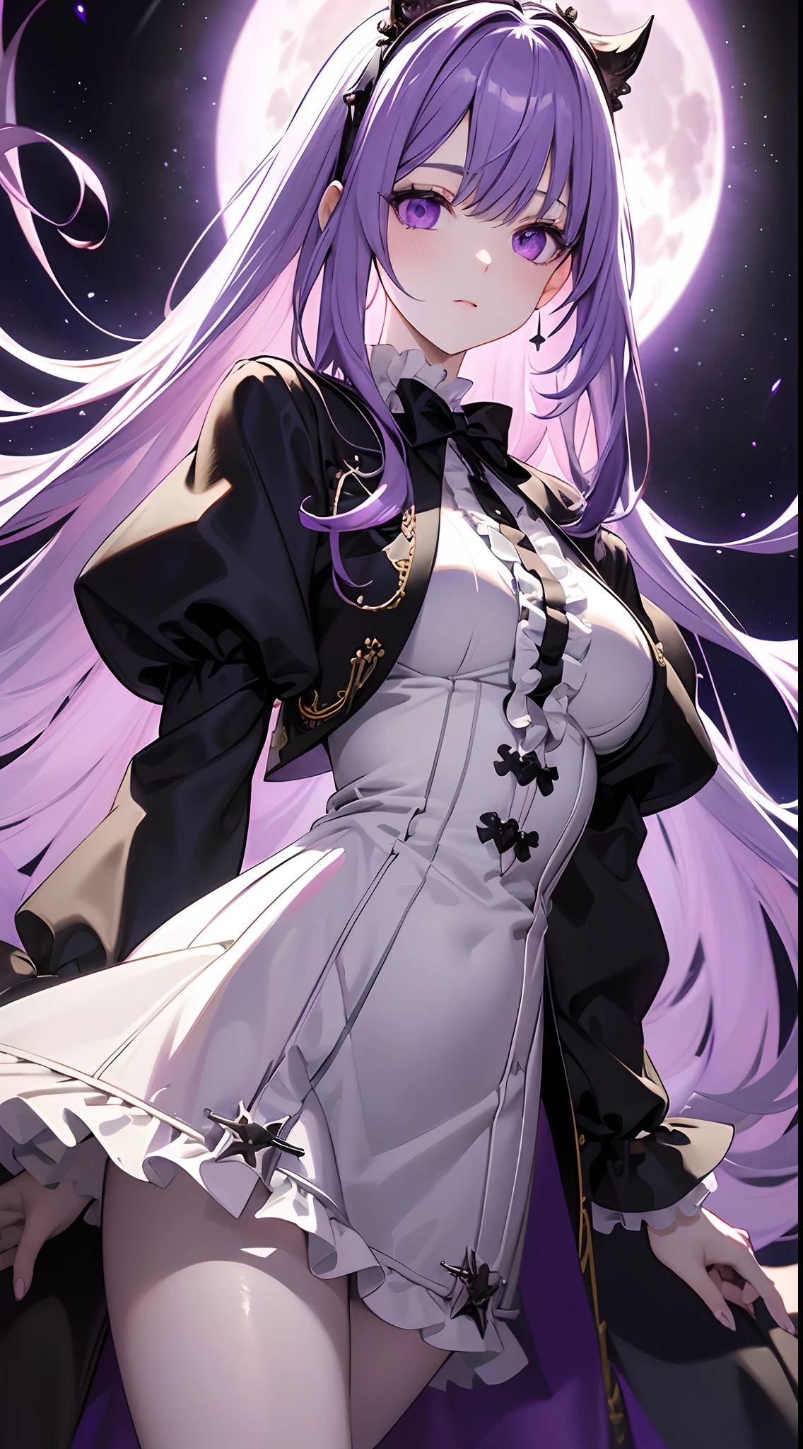 masutepiece, Best Quality, Extremely detailed, 1 IRL,Purple straight hair,Purple eyes,pale skin,Blouse with ruffles,Black Long Length Coat,Long magic wand,floating,Big full moon background,From below,Hyper realistic, Perfect Anatomy, Perfect five fingers