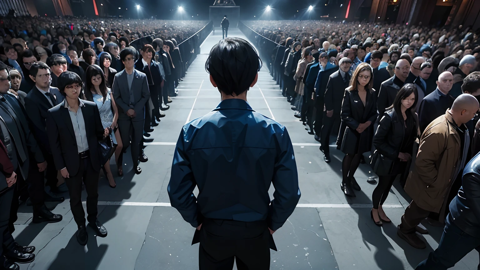 1guy, surrounded by people but still alone, (((standing out from crowd))), (((going against the crowd))), depressing, blue hue, sad, hopeless