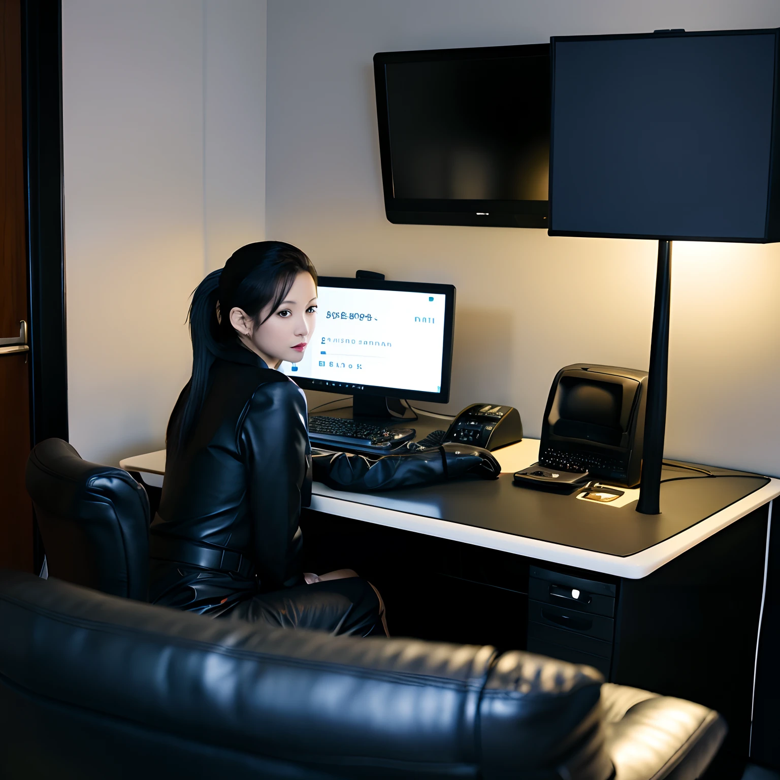 Wearing a black business pantsuit、Office in the Dark、facing a desk、While looking at the screen, tap the keys on the keyboard of the black laptop with the fingertips of the black leather gloves、Sitting on a black leather chair、Black hair ponytail、New beautiful female employee in Japan、Black leather long boots(BLACK leather gloves)