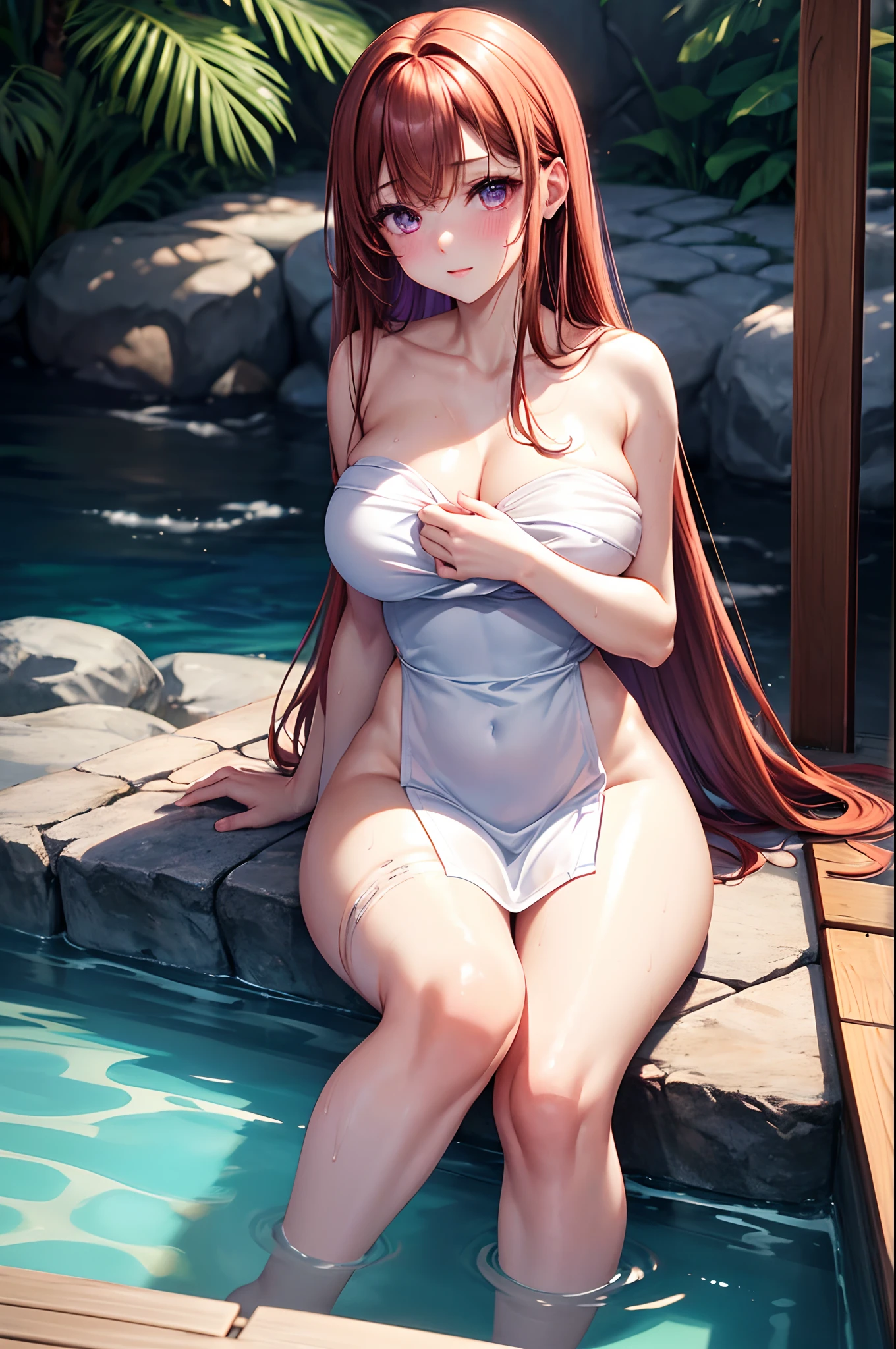 1 girl, beautiful, charming, cute, pale skin, beautiful, double eyelid, caramel hair colour, long hair until waist, purple colour eyes, naked towel 1:1, perfect body figure, big breast, slim waist, blushing, red cheeks, shiny skins, wet skins, sitting pose, hot onsen, photoshoot, closer photoshoot