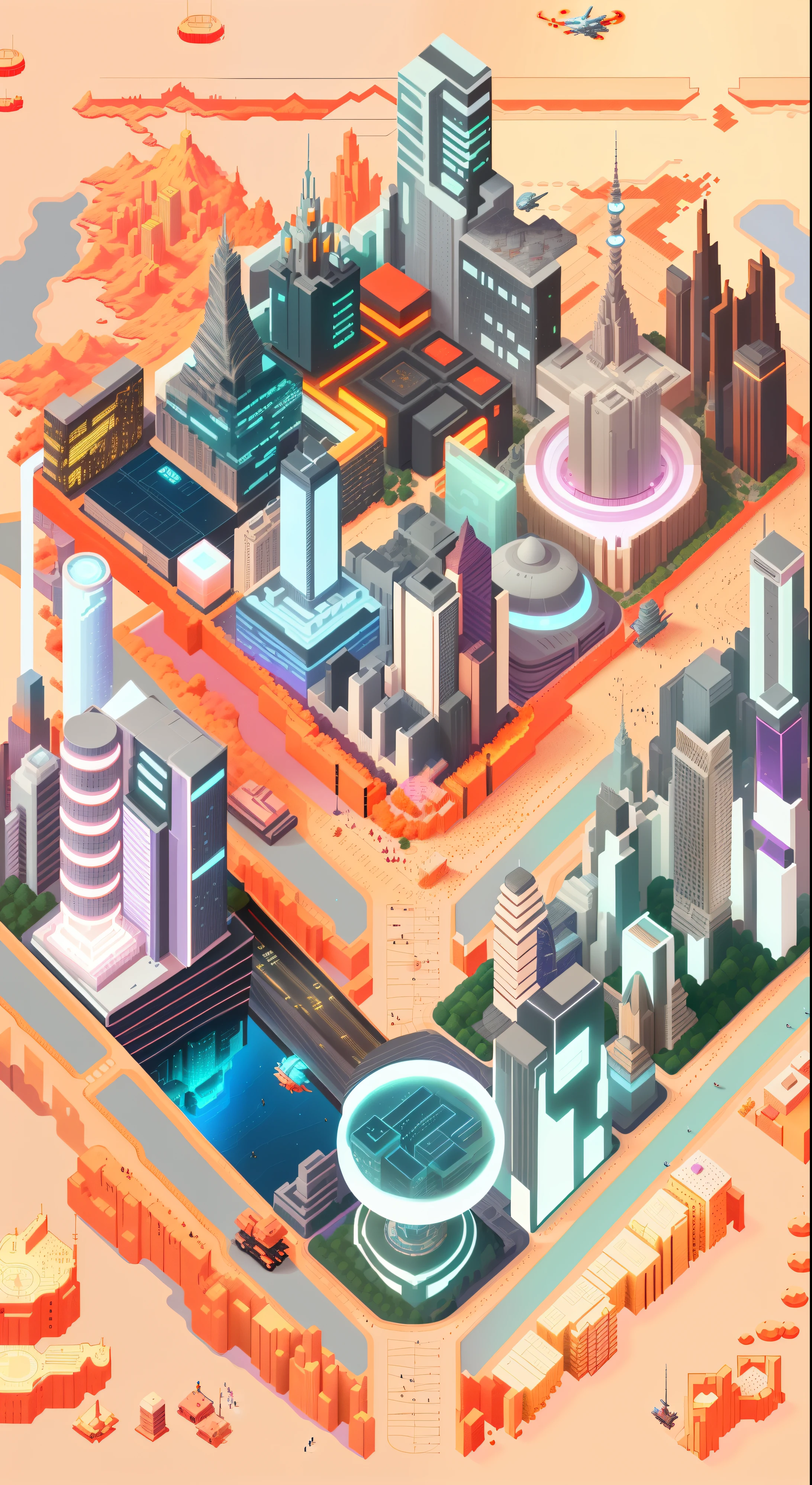 An illustration of a city with a lot of buildings and a lot of people, isometric futuristic game, isometric 8k, isometric game art, incredible isometric screenshot, metaverse concept art, isometric illustration fun, Futuristic city, Tokyo City equidistant, colorful dystopian futurism, futuristic urban background, The future city, rivers. space colony
