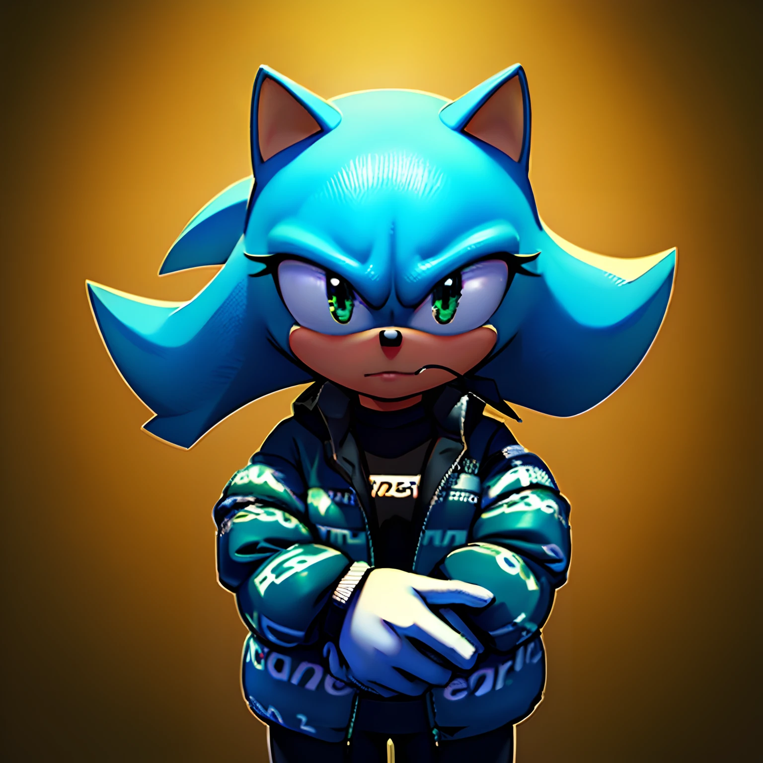 (masterpiece, best quality: 1.2), solo, male focus, sonic The hedgehog, serious, mouth shut, looking at the viewer, own hands together, dripjacket, ultra detailed, wearing white gloves, detailed dripjacket, 8K, cute, ultra detailed Sonic,