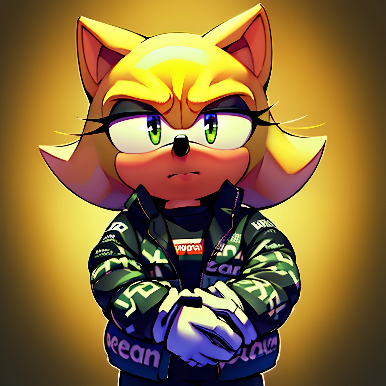 (masterpiece, best quality: 1.2), solo, male focus, sonic The hedgehog, serious, mouth shut, looking at the viewer, own hands together, dripjacket, ultra detailed, wearing white gloves, detailed dripjacket, 8K, cute, ultra detailed Sonic,