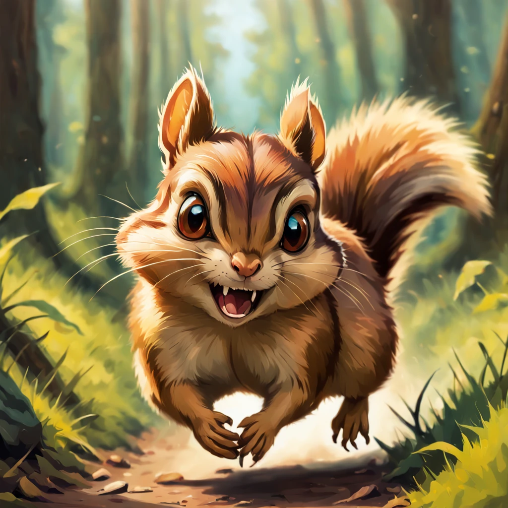 chipmunk with a rabid look in their eyes as they chase down a much bigger animal, in artbook anime art style, masterpiece, best quality