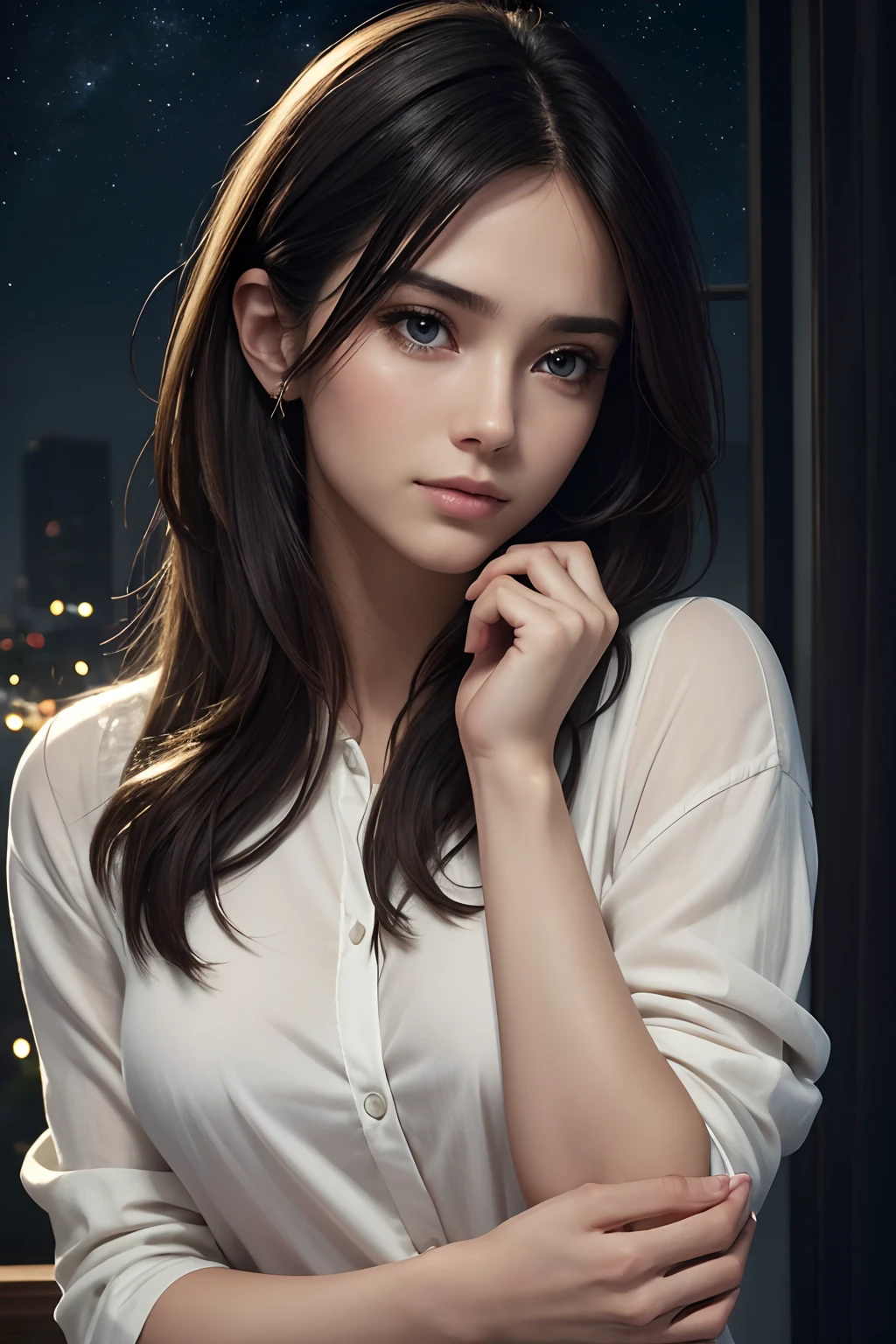 (best quality, masterpiece:1.2),ultra detailed,(photo realistic:1.4),solo,sexy lady,casual clothes,night city,blurry_light_background,<lora:BlurryLight_v1:0.6>,