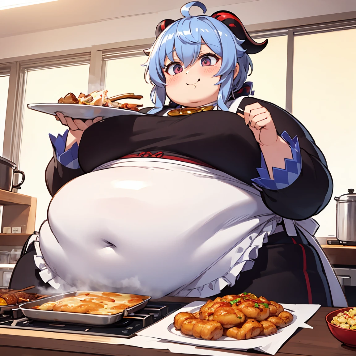 Fat Ganyu, Cute fat Face, Big Cheeks, Happy Expression, cooking apron, cooking, getting fat and eating