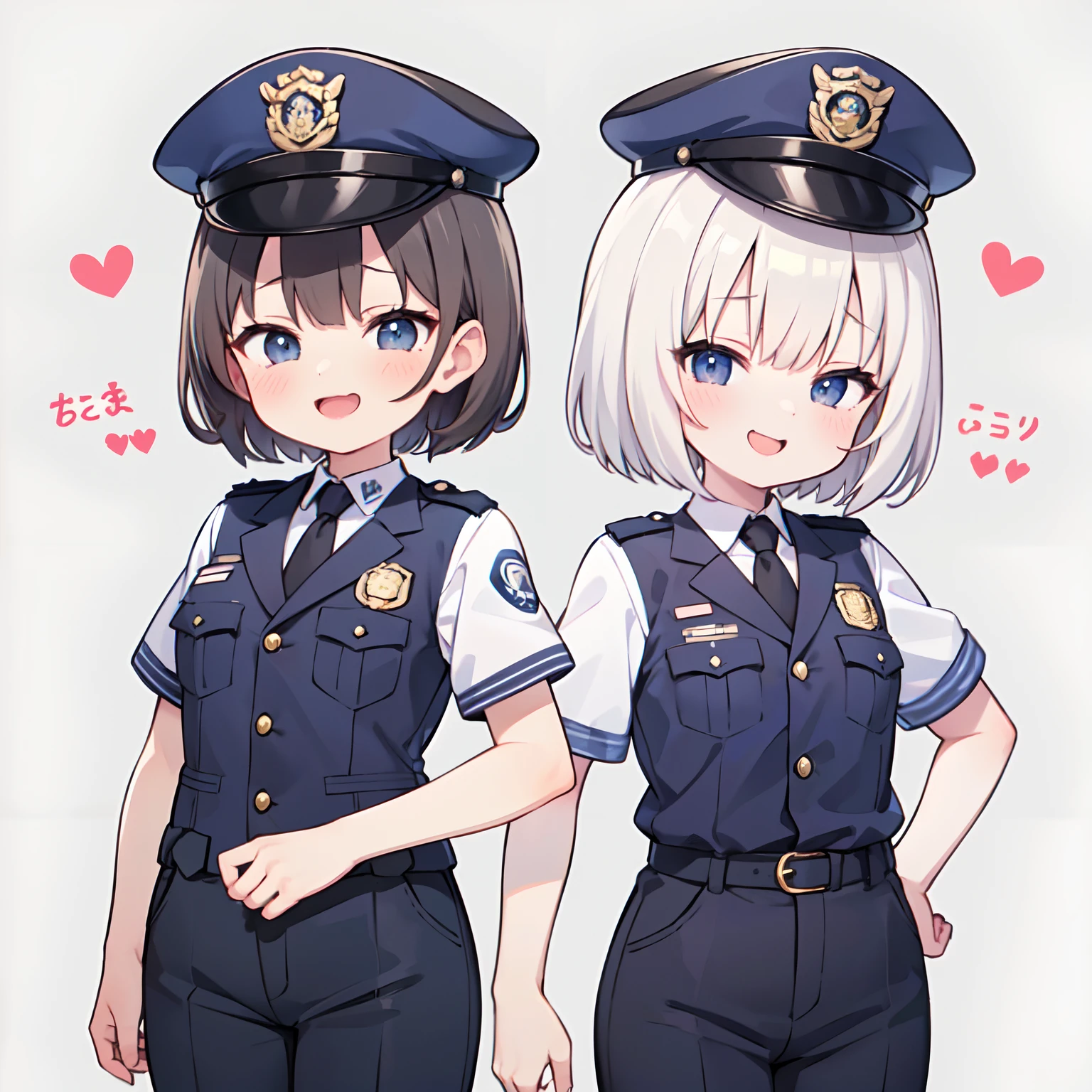 (Best Quality:1.2),(masutepiece:1.2),  multipel Girls,hightquality、hight resolution、High quality、2girls。policewoman。female cop。Lori。mesugaki,policeman's cap。(Yuri:0.7),Gray background, Same uniform,