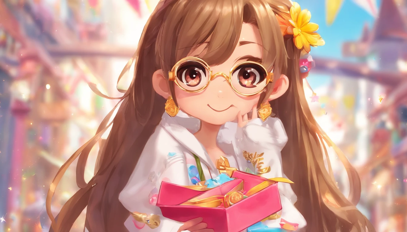 A black, Long haired girl with brown eyes and white glasses, Happy opening the happy box 𥚃 gold bracelet