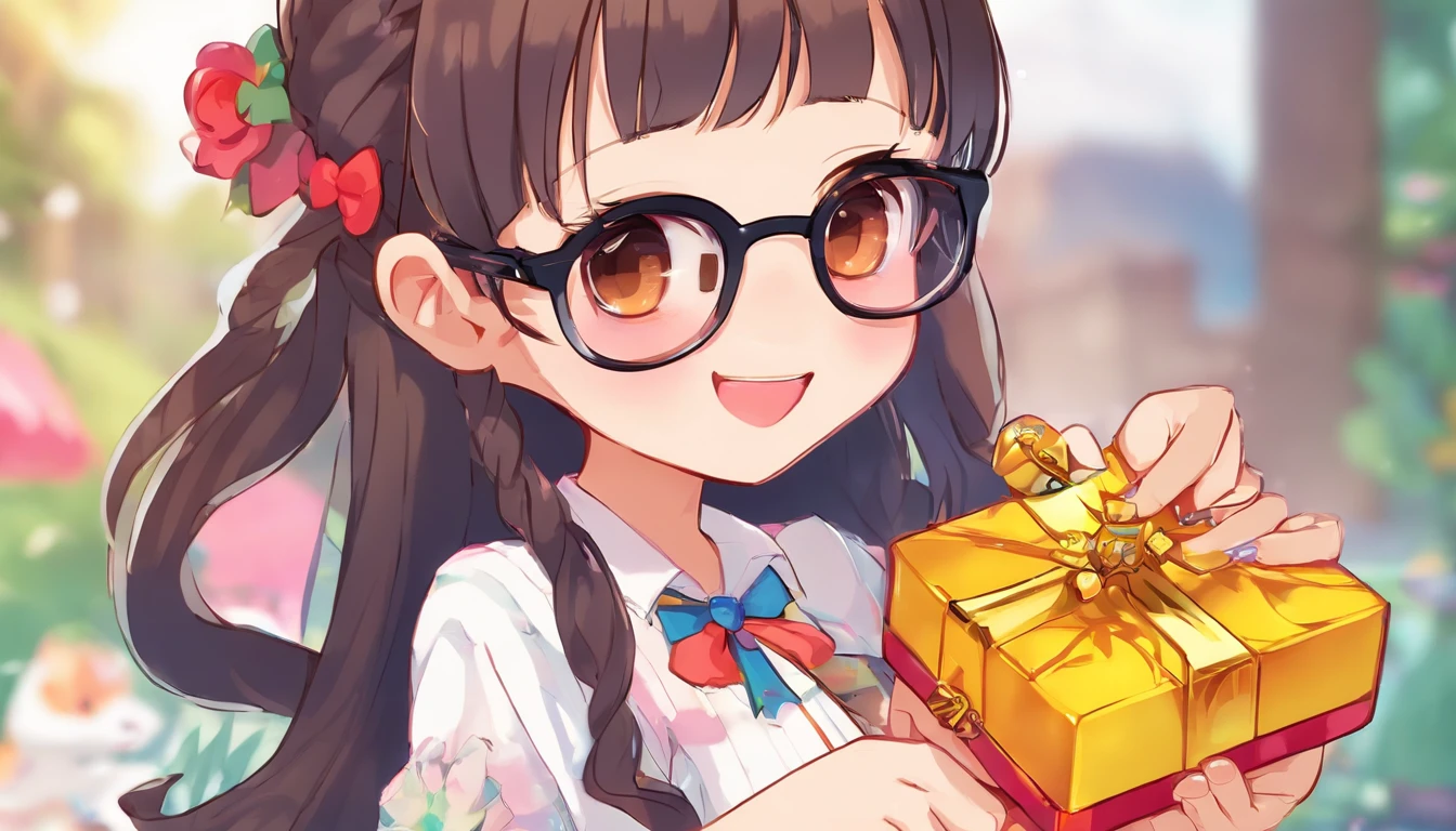 A black, Long haired girl with brown eyes and white glasses, Happy opening the happy box 𥚃 gold bracelet