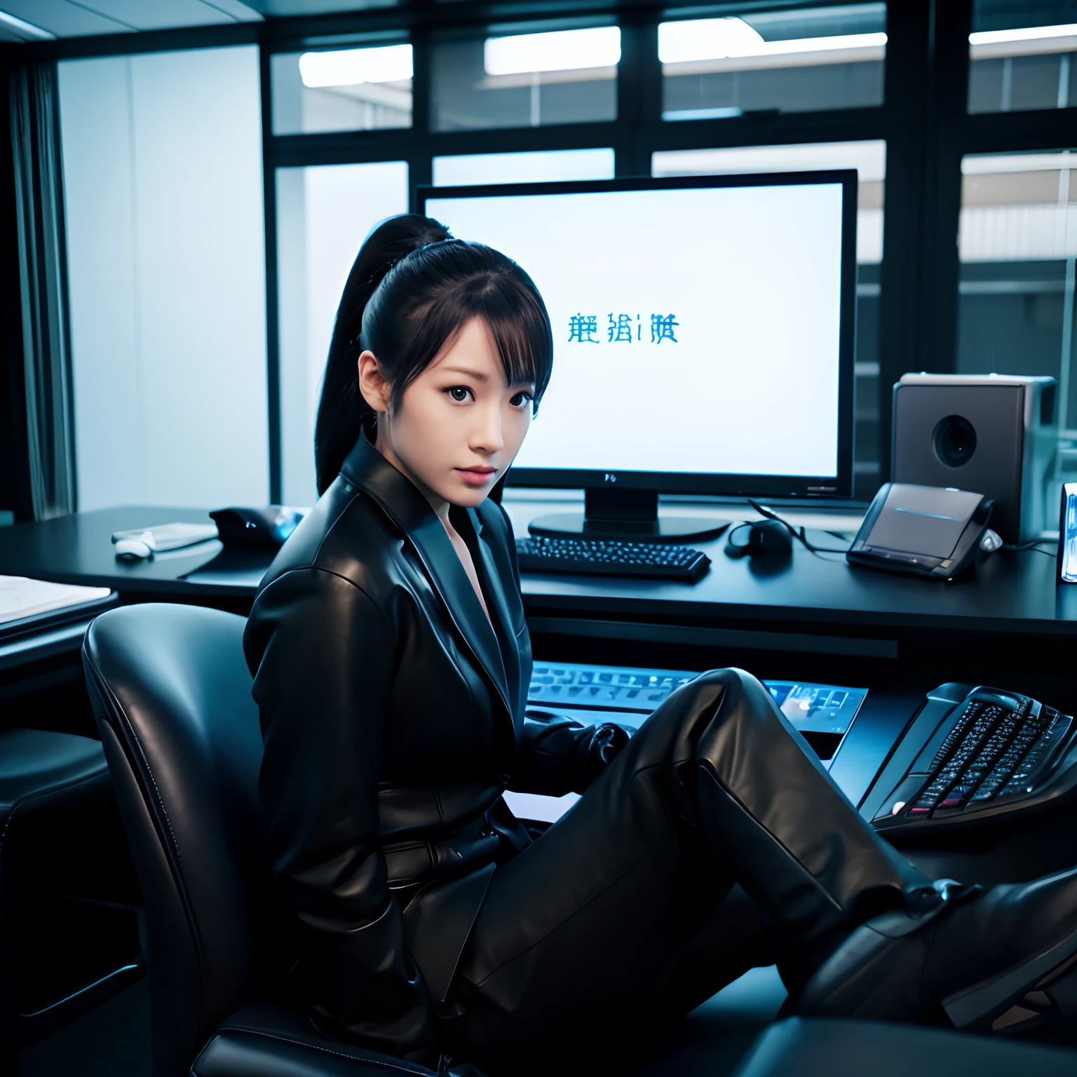 Wearing a black business pantsuit、Office in the Dark、facing a desk、While looking at the screen, tap the keys on the keyboard of the black laptop with the fingertips of the black leather gloves、Sitting on a black leather chair、Black hair ponytail、New beautiful female employee in Japan、Black leather long boots(BLACK leather gloves)