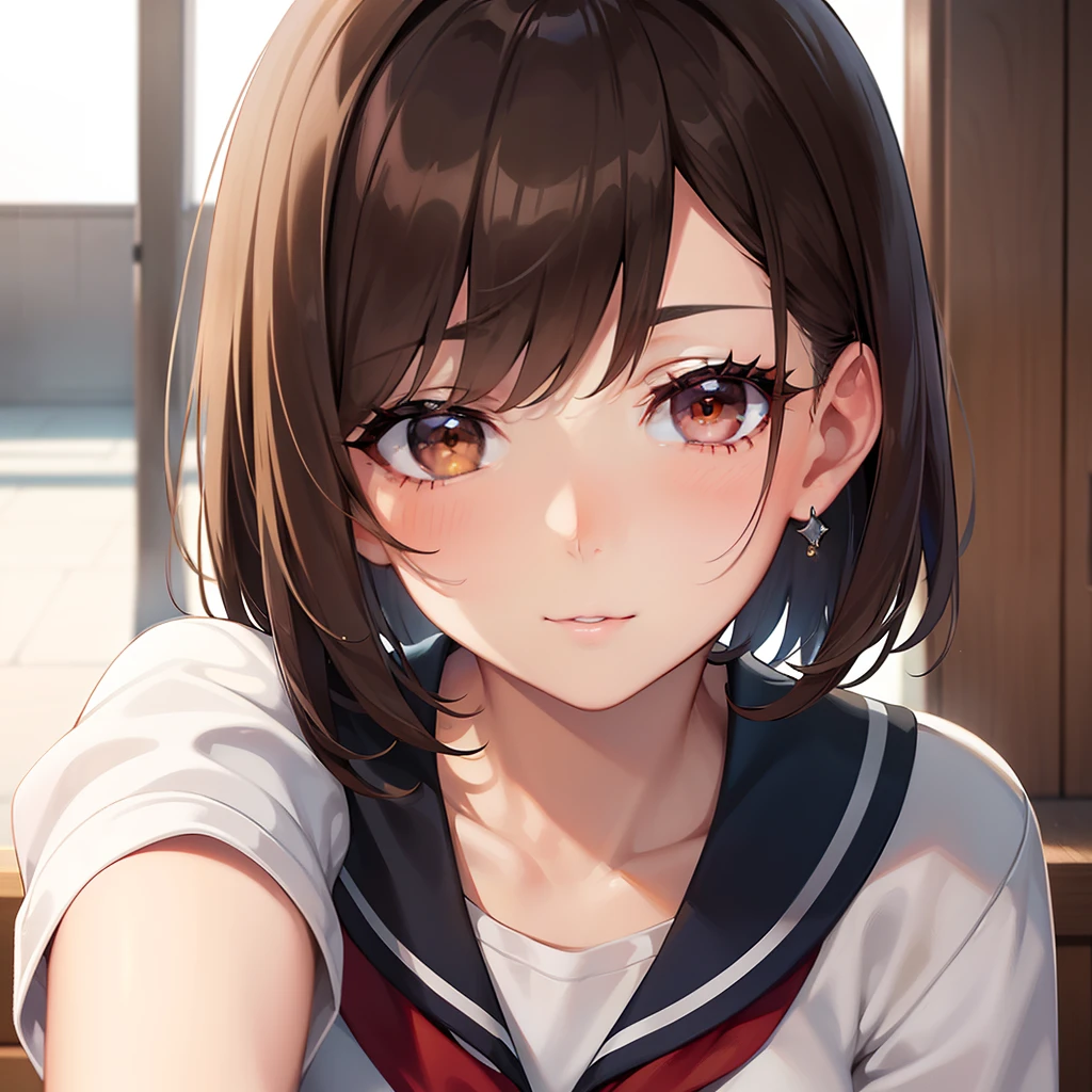 A pretty lady with short hair brown and brown eyes, giving a pure and good girl vibe, looking at you with a shyly, school, modern era, close up.