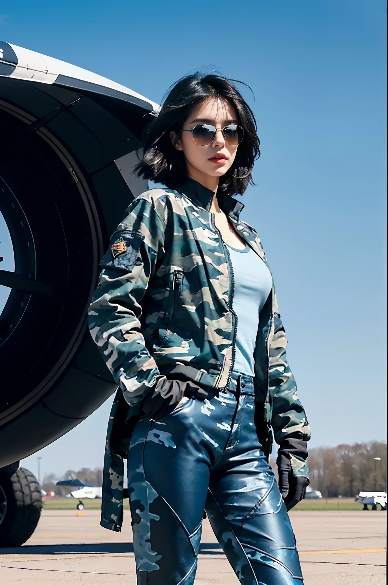 （extremely detremely detailed CG),8k,(Wallpapers），（Extremely refined and beautiful），((masterpiece))，((best qualtiy))，((超高分辨率))，beautiful light up，Perfect lightning，realistic shaded，[A high resolution],a girl,solo,(shoulder-length straight black bob hair),Smooth and flawless fair skin，ultra - detailed ，Elongated legs，flatchest，Slim，thin,(perfect body:1.2),female repairman，At military airfields，On the tarmac of a fighter,outdoor，winter,snowscape,in the afternoon,sunny days,Next to the huge Su-27 fighter，Under the wing of the fighter，Next to the landing gear of the fighter，Next to the tires,standing，(Wearing dirty dark blue gloves on both hands),((Blue camouflage down jacket,Blue camouflage pants)),((close-up of upper body)),Clavicle, cleavage