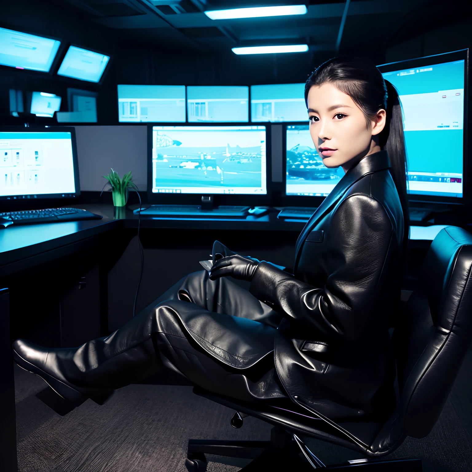 Wearing a black business pantsuit、Office in the Dark、facing a desk、While looking at the screen, tap the keys on the keyboard of the black laptop with the fingertips of the black leather gloves、Sitting on a black leather chair、Black hair ponytail、New beautiful female employee in Japan、Black leather long boots(BLACK leather gloves)