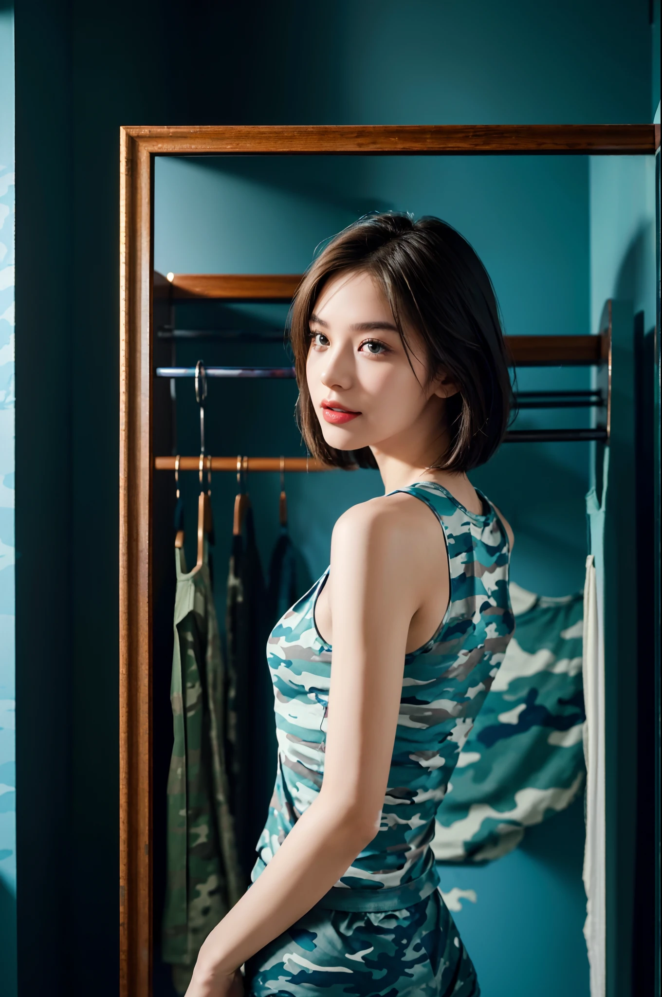 ((shoulder-length straight bob hair)),（Extremely meticulous CG),(((8k))),wallpaper,(Extremely refined and beautiful),(Masterpiece:2.0），（best qualtiy:2.0），（Ultra High Resolution:2.0),beautiful light up，Perfect lightning,realistic shaded，[A high resolution],(Smooth and flawless fair skin:1.5),Extremely exquisite facial details,ultra - detailed,A  girl,solo,small head,small face,clear face,Exquisite makeup,red lips,Close Shot,at home,(in the clothing room:1.2),(Standing next to a wardrobe:1.3),(many women's clothing hanging in the wardrobe:1.3),(laughing:1.2),(perfect body:1.1),small breasts,flat chest,slim,thin,(Blue camouflage tank top and Blue camouflage underwear:1.5),cowboy shot,portrait,(from back),day scene,dim light,blue green wall