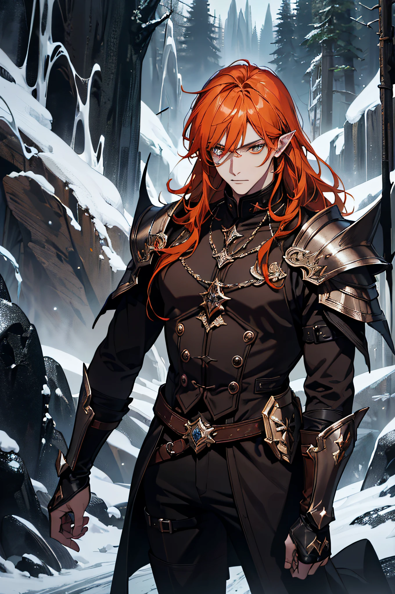 (absurdres, highres, ultra detailed), 1 man, adult, beautiful, pointy ears, long orange hair, honey eyes, detailed face, finely detailed eyes, fantasy, dark brown clothes, war mage, leather armor, strong, muscular, ice sparkles magic, fantasy forest, badass pose, dark theme, cinematic lighting, cloudy sky