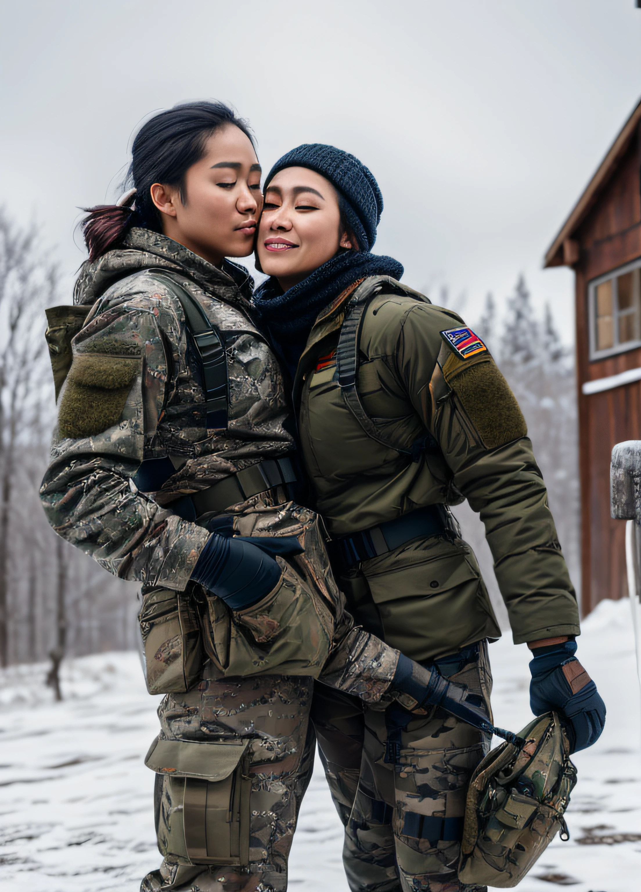 (photorealistic), beautiful lighting, best quality, realistic, full body portrait, real picture, intricate details, depth of field, 2 girls lesbian kissing and feeling breasts and ass and crotch, Filipino woman, 24-years-old, in a cold snowstorm, a wings, A very muscular solider girl with haircut, wearing winter camo military fatigues, peeing in fatigues trousers, camo plate carrier rig, combat gloves, (magazin pouches), (kneepads), highly-detailed, perfect face, hazel eyes, lips, wide hips, small waist, tall, make up, tacticool, Fujifilm XT3, outdoors, bright day, Beautiful lighting, RAW photo, 8k uhd, film grain, ((bokeh))