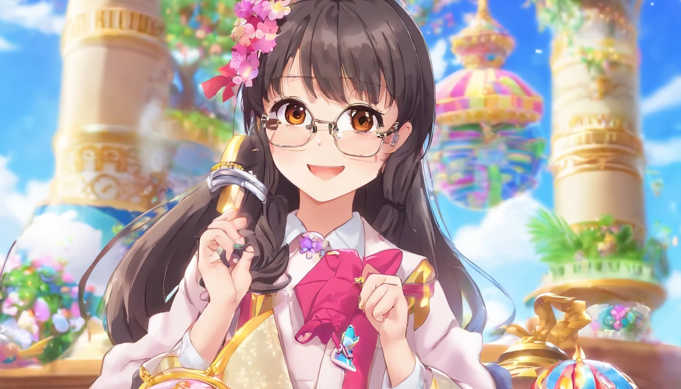 A black, long hair girl,Brown eyes and white glasses, Happy to pick up the happy box 𥚃 gold handcuff