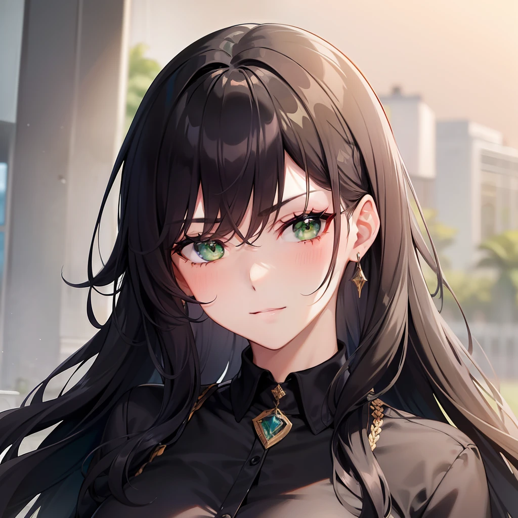 A pretty lady with hair wavy medium black hair and green eyes, giving a rich, toublemaker and bad girl vibe, looking at you with a smugly, school, modern era, close up.