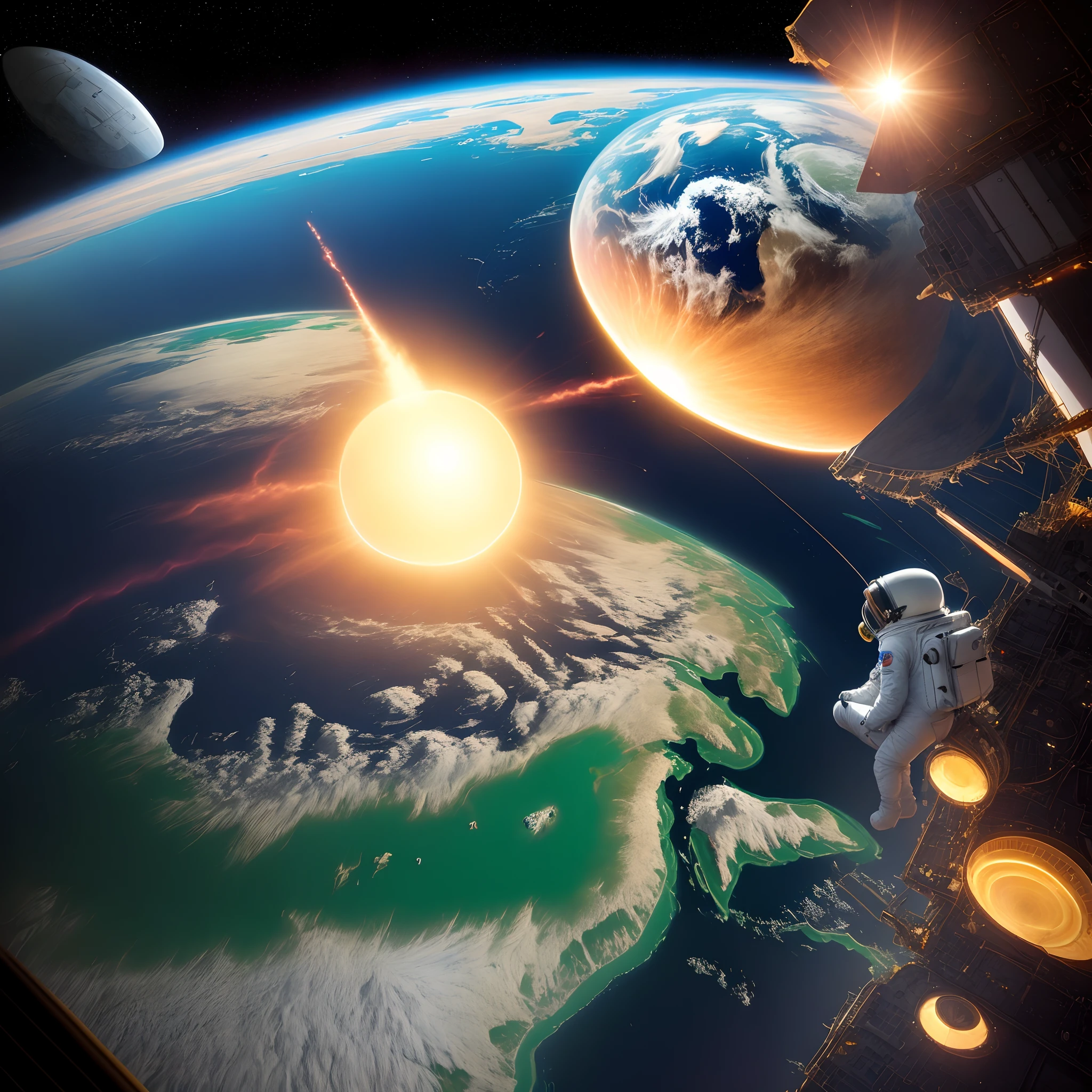 An astronaut watches the Earth being derived with awesome quality