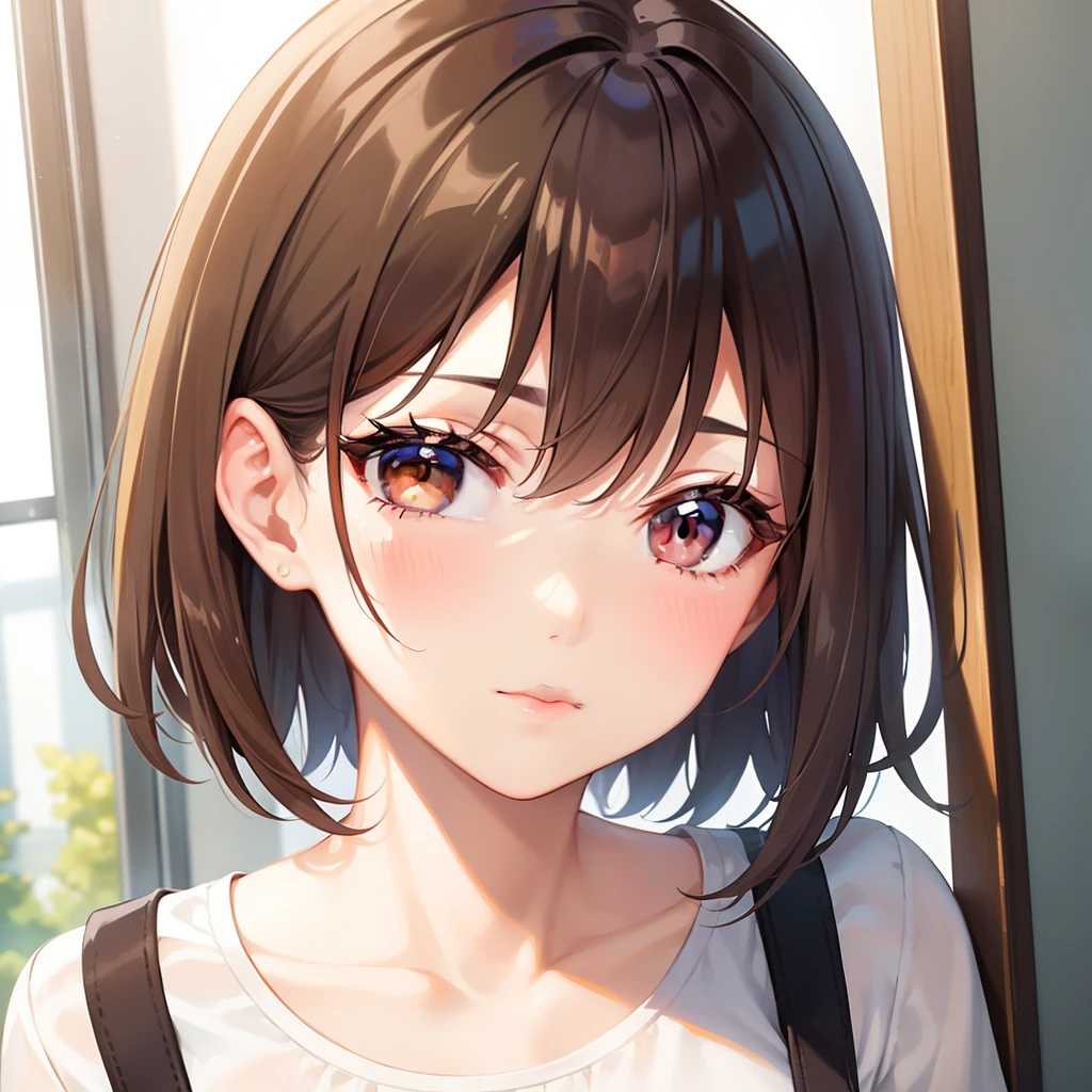 A pretty lady with short hair brown and brown eyes, giving a pure and good girl vibe, looking at you with a shyly, school, modern era, close up. Anime