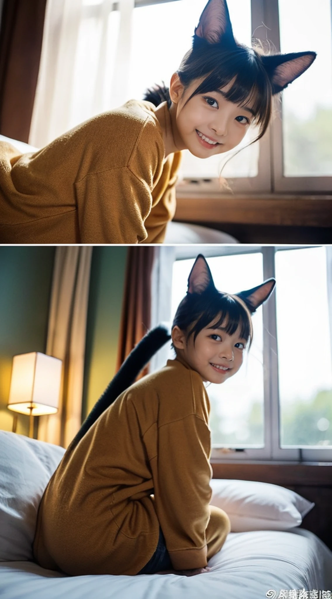 evening, Cohabitation with the daughter of a cat、11 year old cat girl living with me, Quite a messy room, Waiting for the owner on the bed、Cat ears and tail, window、Cat Girl、Variety of facial expressions、Various poses, slender, Super cute cat-eared girl, Cute s, cute Japanese girls, a photo of girl, Gravure Pose, No makeup, Various hairstyles, a baby face、Beautiful Japan Girl, (Photo Real:1.4)、taken with canon 5d mk4, taken with canon eos 5 d mark iv, Shot with Canon EOA 6 D Mark II, Highly detailed facial and skin texture、 Detailed eyes、二重まぶた、ighly detailed, nffsw, unification, 8K Picture Wallpaper, finely detail, masterpiece, top-quality, Aori composition、Overhead view, (8K, top-quality, masterpiece:1.2), (realisitic, Photorealsitic:1.37), ultra-detailliert, One girl、11 year old cute cat girl, Open your mouth slightly, Cute pajamas、gargantilha、Cat Cosplay、A slender、Small、Small buttocks、Petite cat girl、