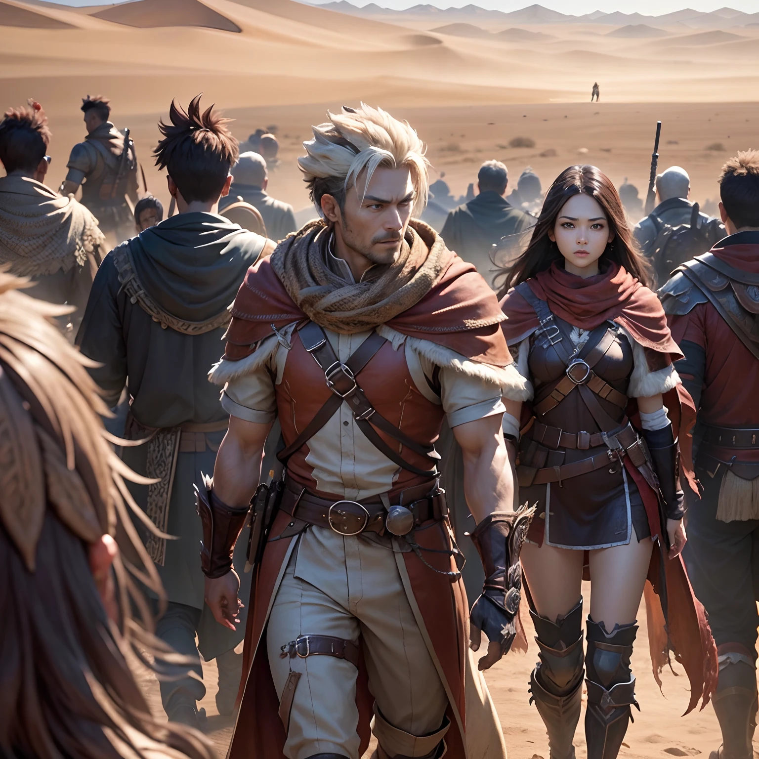 超A high resolution、An ultra-high picture quality、8K、Detailed details、marvelous expression、Seven Men and Women、Walking towards the camera、Monster Hunter Character Costumes、Each of them has a large arsenal、Vast desert background、