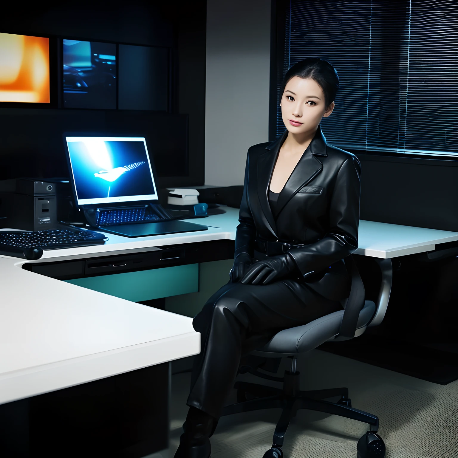 Wearing a black business pantsuit、Office in the Dark、facing a desk、While looking at the screen, tap the keys on the keyboard of the black laptop with the fingertips of the black leather gloves、Sitting on a black leather chair、Black hair ponytail、New beautiful female employee in Japan、Black leather long boots(BLACK leather gloves)