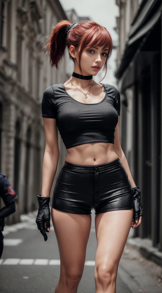 (8K, Masterpiece, RAW photo, Best quality, detail:1.3), (ultra realistic:1.4, scenary, 8K), Depth of field, Cinematic light, (ultra realistic face), (1 solo girl), (Beautiful and elegant Russian girl), (skinny girl:1.4), (European face:1.3), (full body:1.3), (tight black minitop:1.3), (small necklace, collarbone:1.1), (ponytail redhair:1.3), (ultra detailed skin:1.3), (tight gloves), (tight skinny minishorts:1.5), (black minishorts), (soft fabric minishorts), (red pants:1.3), (police officer girl:1.5)