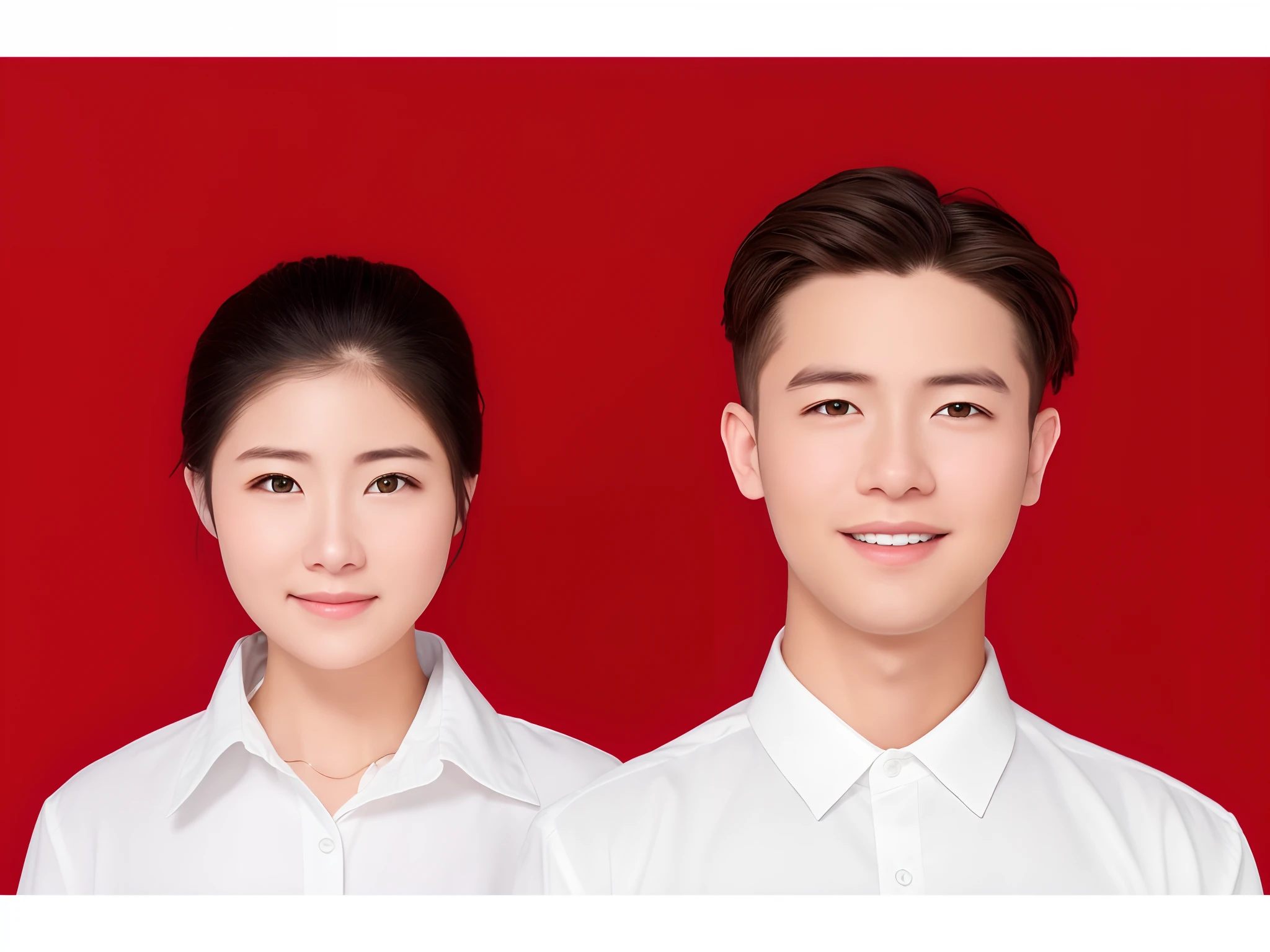 They are two people standing side by side in front of a red background, Ruan Jia and Fenghua Zhong, portrait of two people, Happy couple, yanjun cheng, Smiling couple, couples portrait, cute couple, red and white color theme, couples portrait, Solid Backgroud, product introduction photos, Taoist, corporate photo, No background