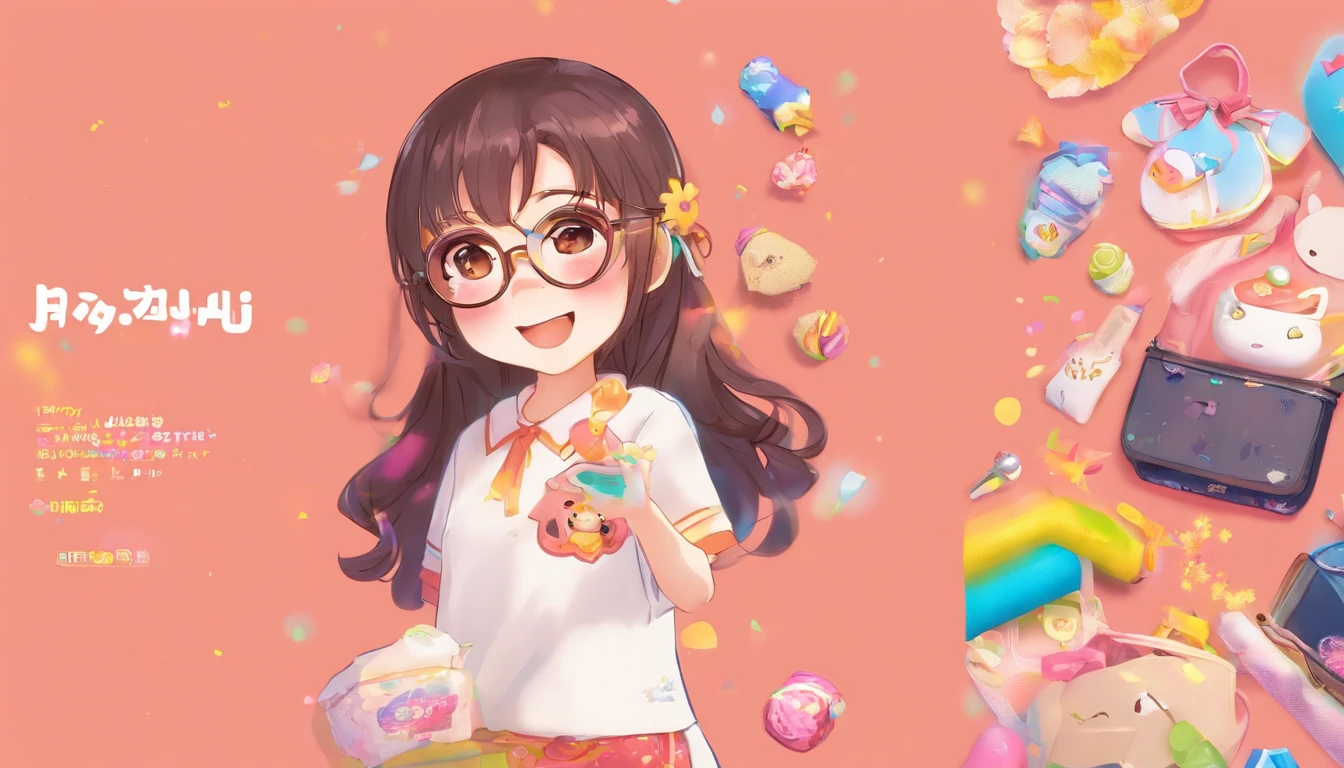 A black, long hair girl，Brown eyes and white glasses, Happy to open the happy box 𥚃 Jinhuan