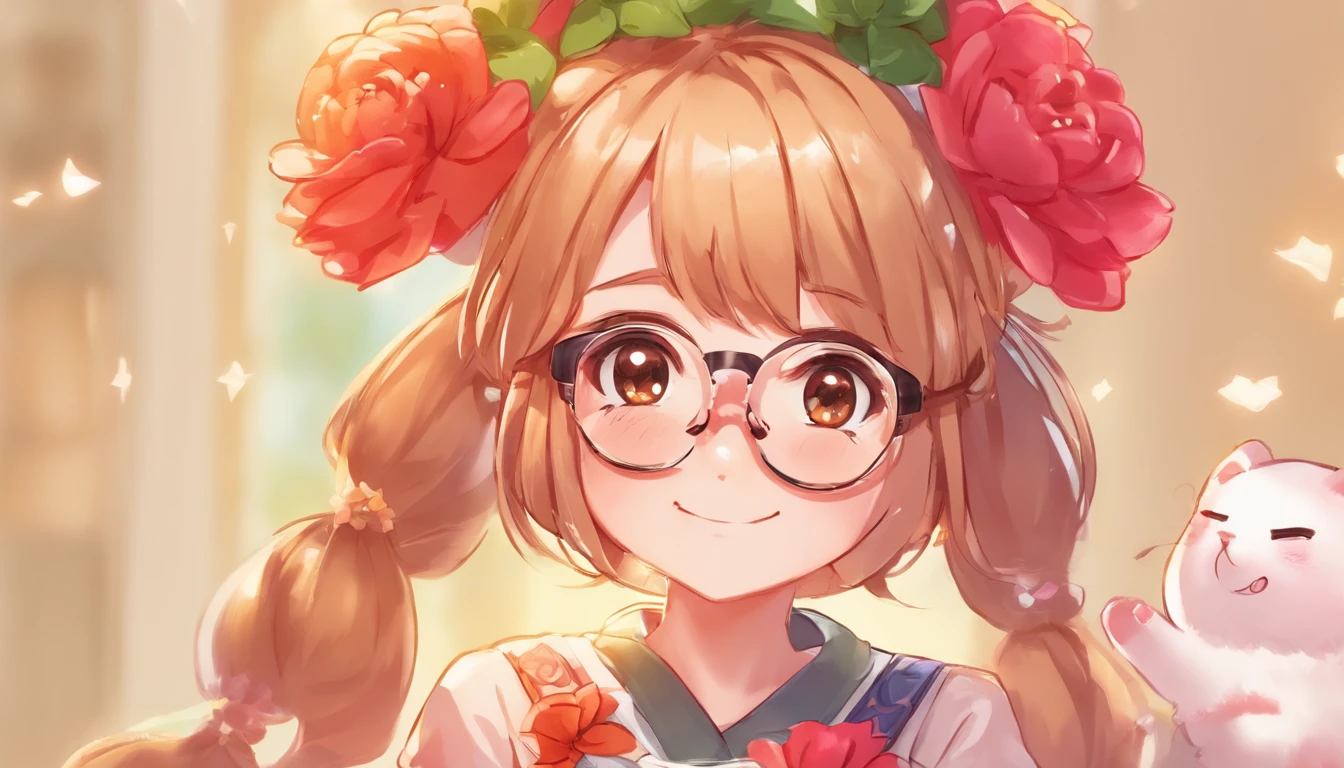 A black, long hair girl，Brown eyes and white glasses, Happy to open the happy box 𥚃 Jinhuan