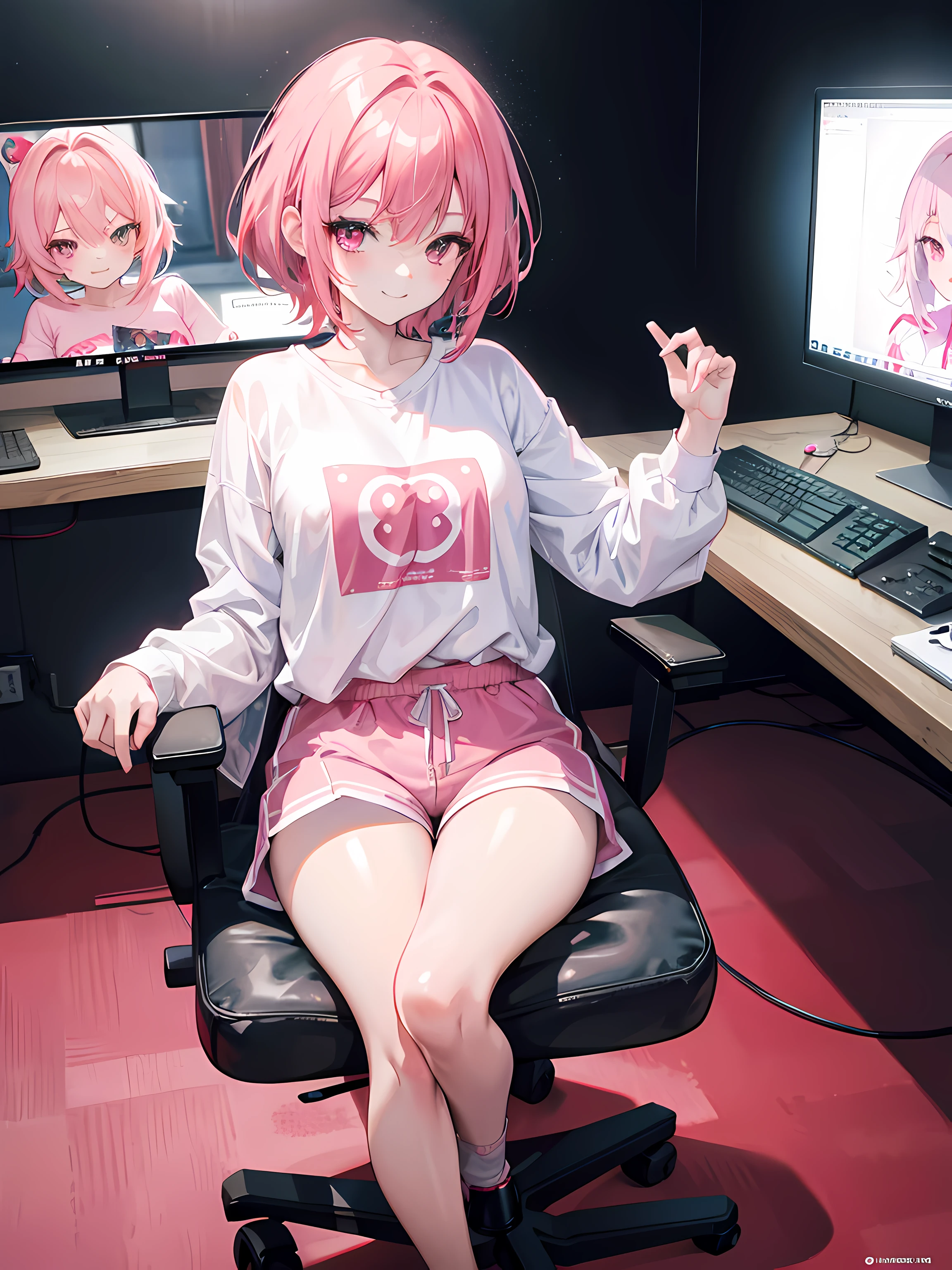 anime gamer girl sitting in her bedroom, sitting on a red gaming chair, two monitors, gaming pc, (1girl), short pink hair, pink eyes, oversized long sleeves white shirt, blue shorts, small breasts, smile, beautiful anime artwork, ultrasharp, masterpiece, high res, 8k
