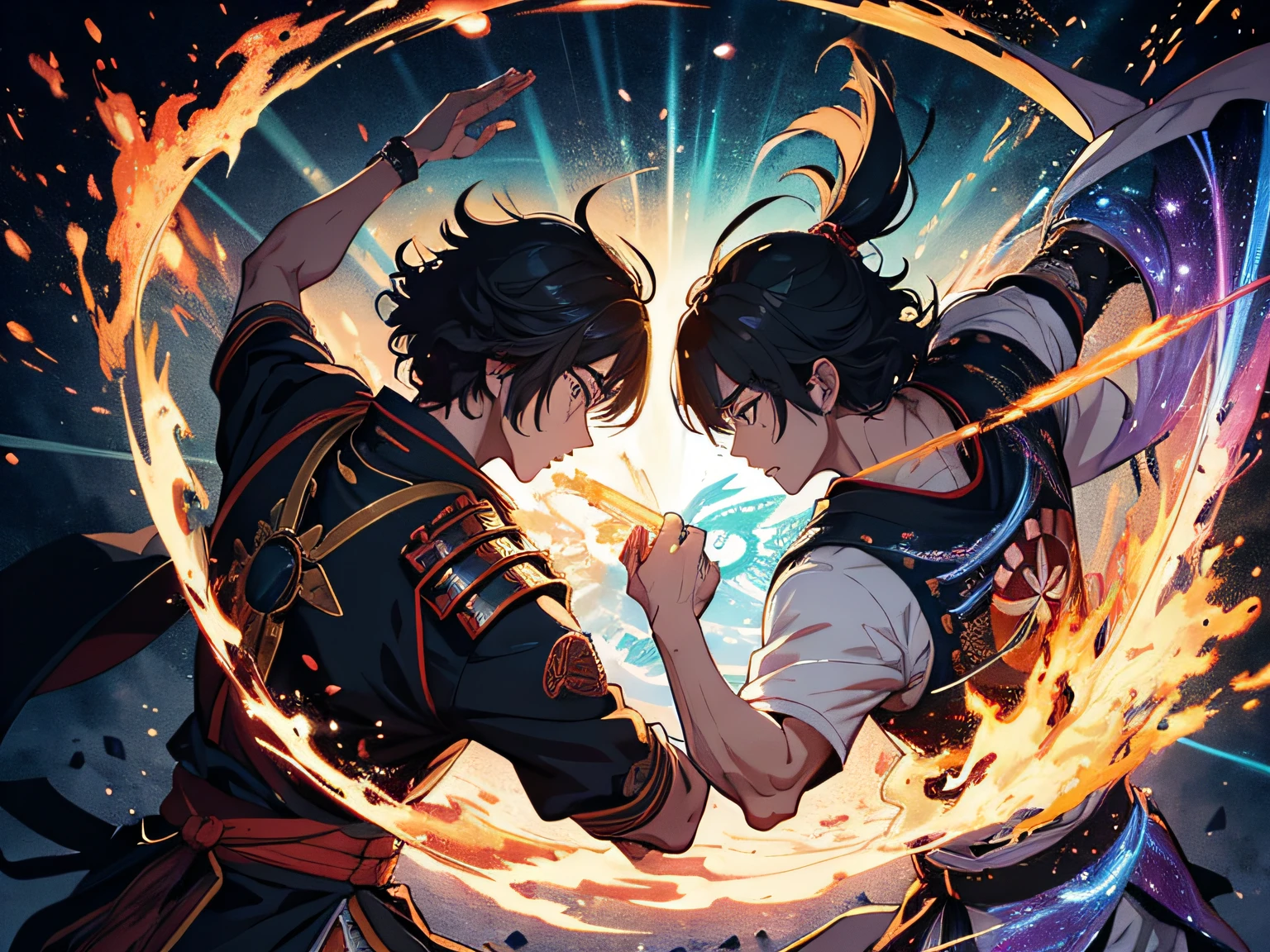 (2 man) historic samurai duel, (highly detailed, eyes finely detailed), (half body:0.6), battle with magical aura, magical particles, magical atmosphere, colorful swirling portal, dark magic, masterpiece, high-resolution, masterpiece, top-quality, detailed, High resolution illustration.