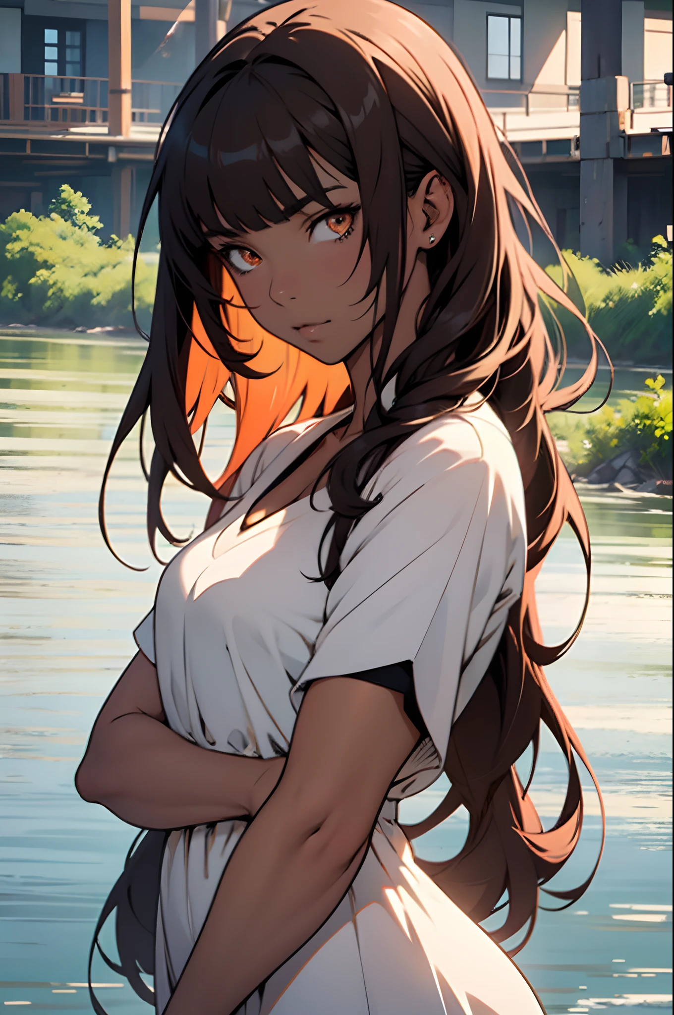 Anime character: Indigenous Brazilian adult woman, Beige dress, Brown skin, Long hair with bangs, sittinng on the river, Masterpiece, Best quality, Detailed skin, Detailed eyes, Orange eyes,8K, good shading, beautiful brush strokes, Detailed background, Good anatomy