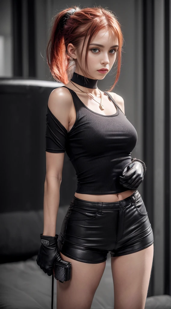 (Masterpiece), Best quality, A girl sits by the window, Emotional, emo girl,Sad girl, Red hair,Cute, tact, Close up,Short hair, Blue eyes, Black clothes, Sensual, (Glowing eyes), aesthetics,Style, Stylish, Piercing, cheerfulness,Naughty, naughty,  Smug, superior, 耳Nipple Ring,  the wallpaper, 4K, wall, Cool, badass, Cropped shirt, defined abdomen, Sexy, belt, Black pantsuit, cozily,  

BREAK SHE USES A SLEEVELESS SHIRT, She wears a cropped white shirt, She wears a necklace, She has Tato on her arm, She has tato on her abdomen, She was wearing black pants