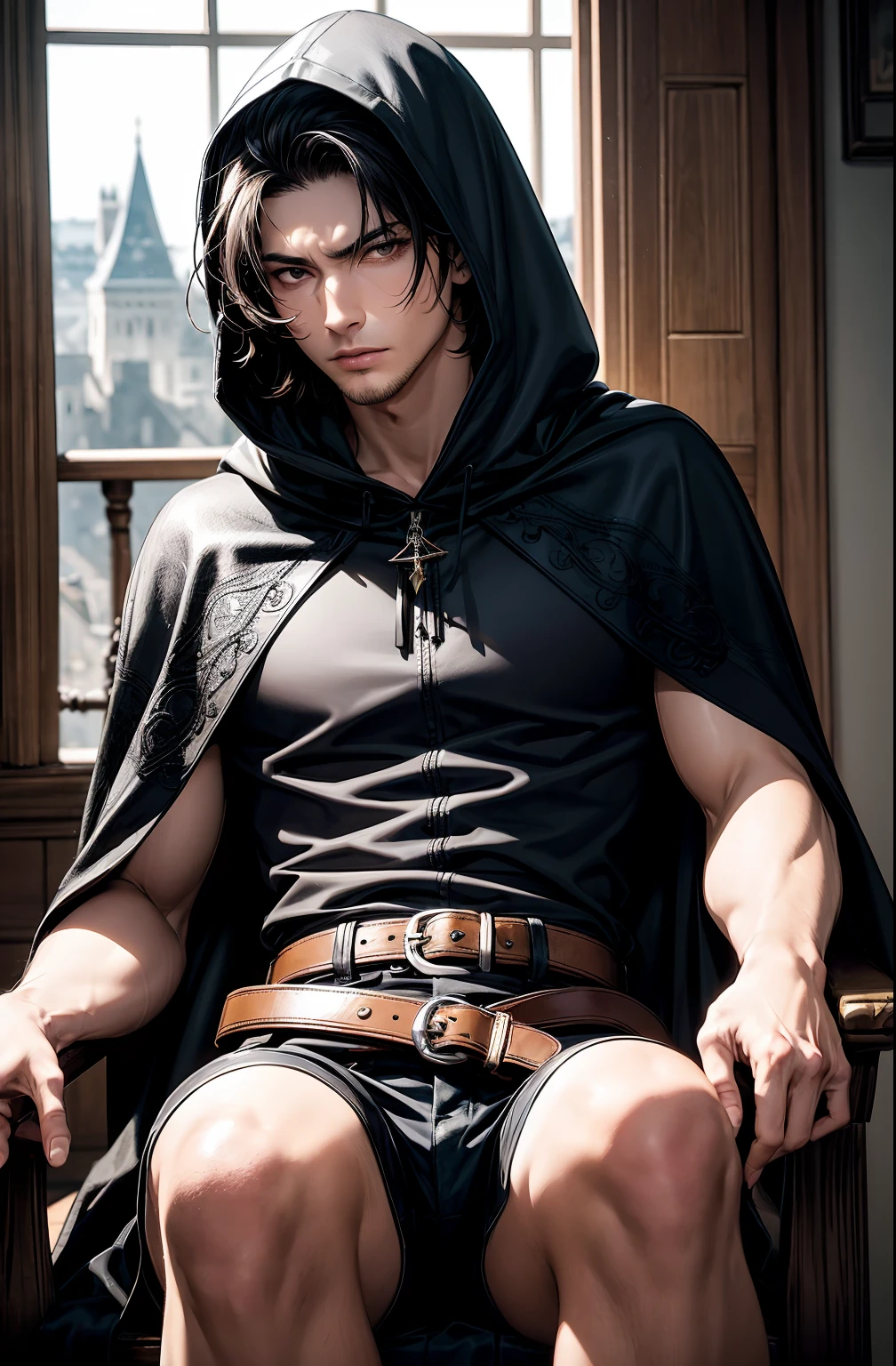 (absurderes, hight resolution, ultra-detailliert), 1 male, Adult, Handsome, High muscular face, broad shoulders, finely detailed eyes, Short black hair, Brown eyes, Black cloak, Wearing a hood, Leather Vest, Leather bag at waist......................................., 2 daggers on the belt, castle, Medieval atmosphere, Natural Light and Shadow, Bright particles fly around a person, Fantastic, Mysterious, Bright glow,  Seated Pose, Serious expression, Cold, thoughtful, Mouth Shut
