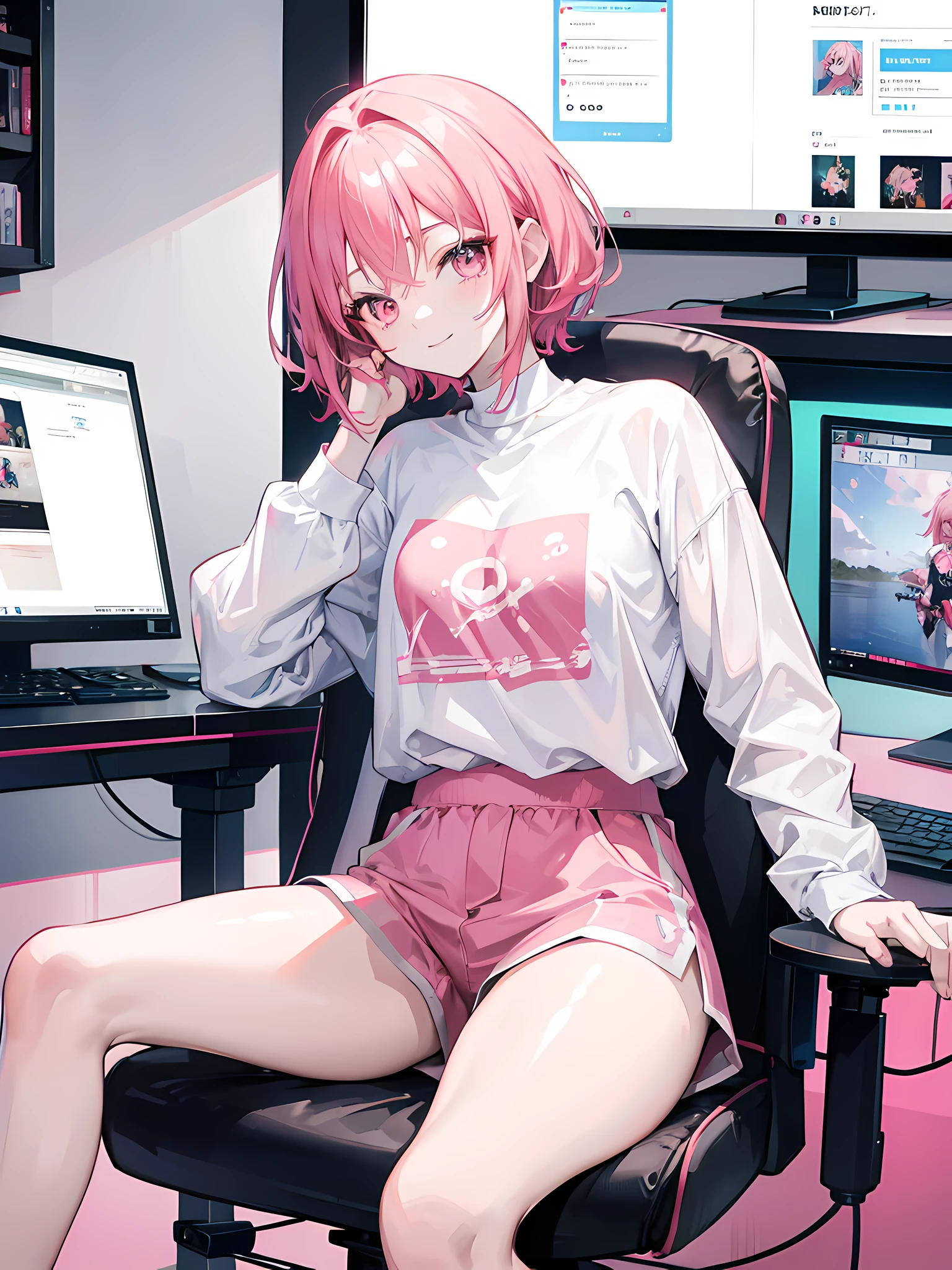 anime gamer girl sitting in her bedroom, sitting on a red gaming chair, two monitors, gaming pc, (1girl), short pink hair, pink eyes, oversized long sleeves white shirt, blue shorts, small breasts, smile, beautiful anime artwork, ultrasharp, masterpiece, high res, 8k