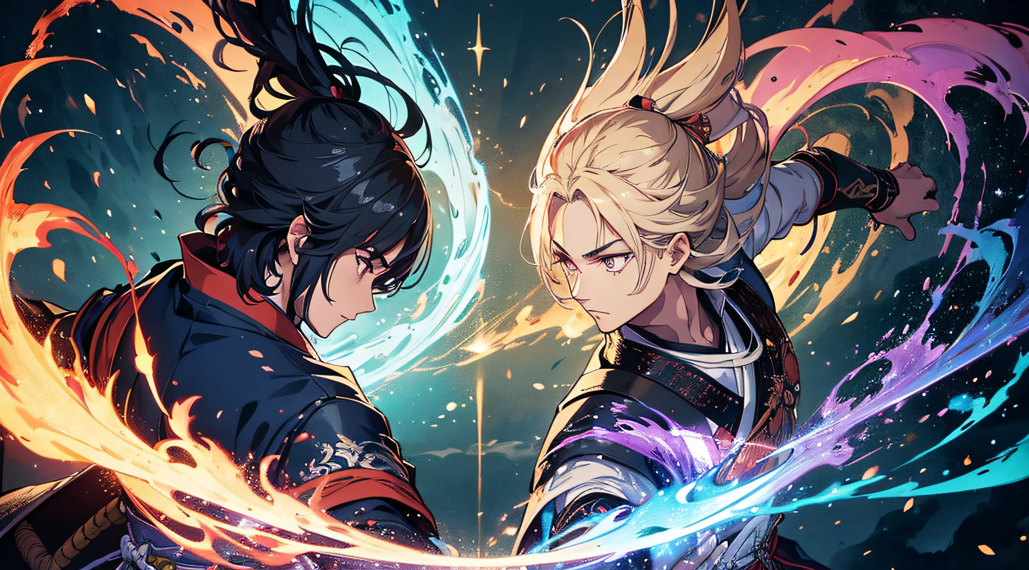 (2 man) historic samurai duel, (highly detailed, eyes finely detailed), (half body:0.6), battle with magical aura, magical particles, magical atmosphere, colorful swirling portal, dark magic, masterpiece, high-resolution, masterpiece, top-quality, detailed, High resolution illustration.