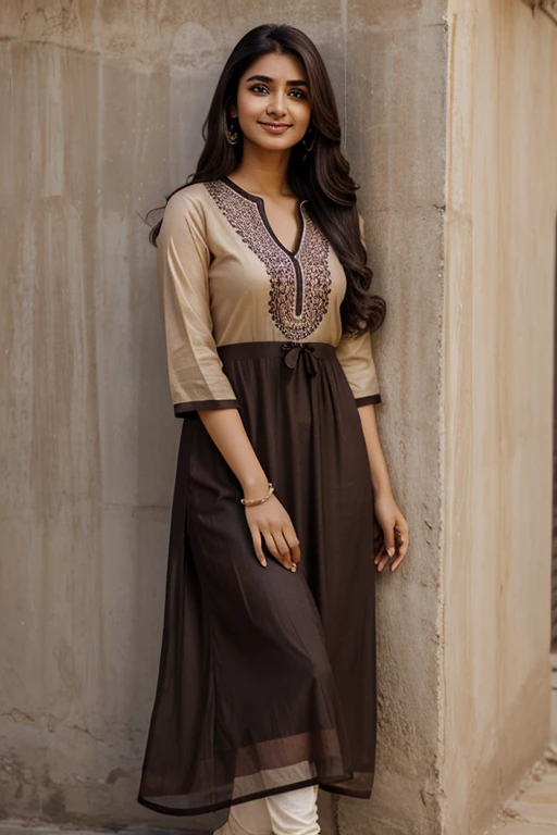 Beautiful ,23 years young girl,confident looking,smile,8k,realistic,dark brown hair,fair skin, indian,long hair,clear facial features, wearing dupatta and kurti, in poses with wall