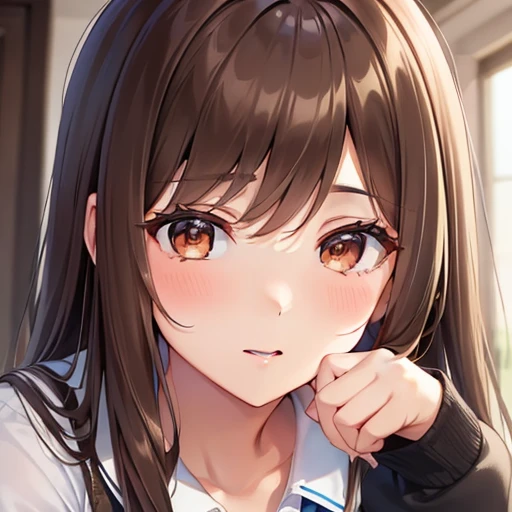 A pretty lady with long brown and brown eyes, giving a pure and good girl vibe, looking at you with a shyly, school, modern era, close up.
