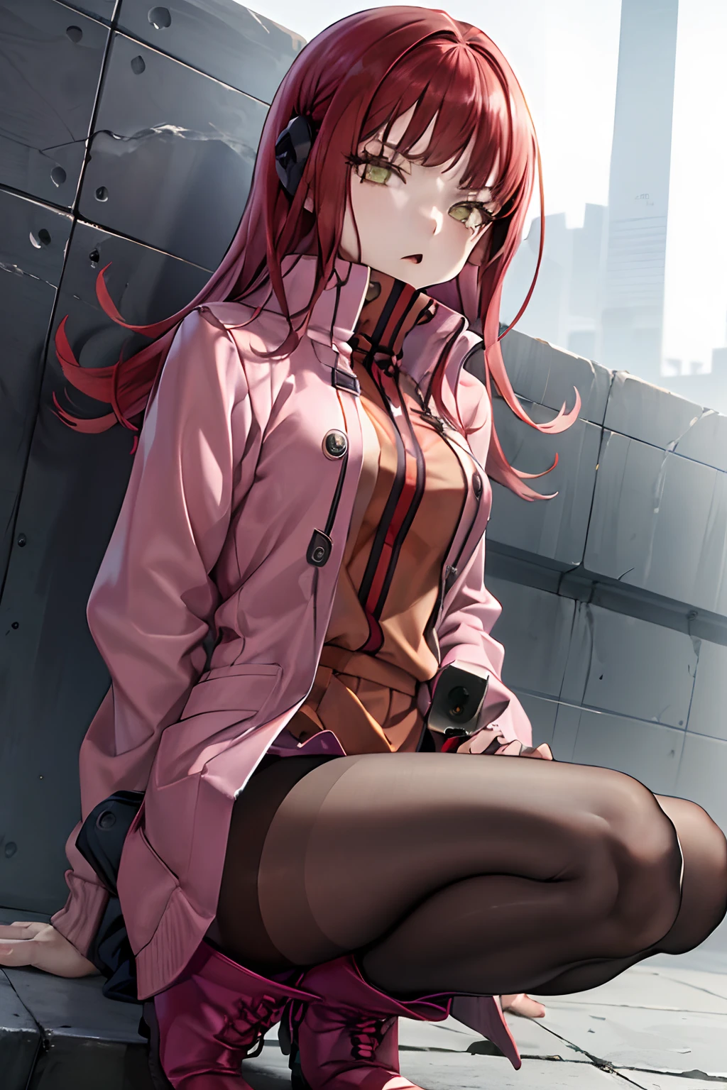 masutepiece, Best Quality, absurderes, Perfect Anatomy, 1girl in, Solo, Yoko Katori, Long hair, Knitted Outerwear、((a miniskirt)), ((pantyhose))、((long boots))、((Photo from below))、((Show panties))、((Stomp on viewers))